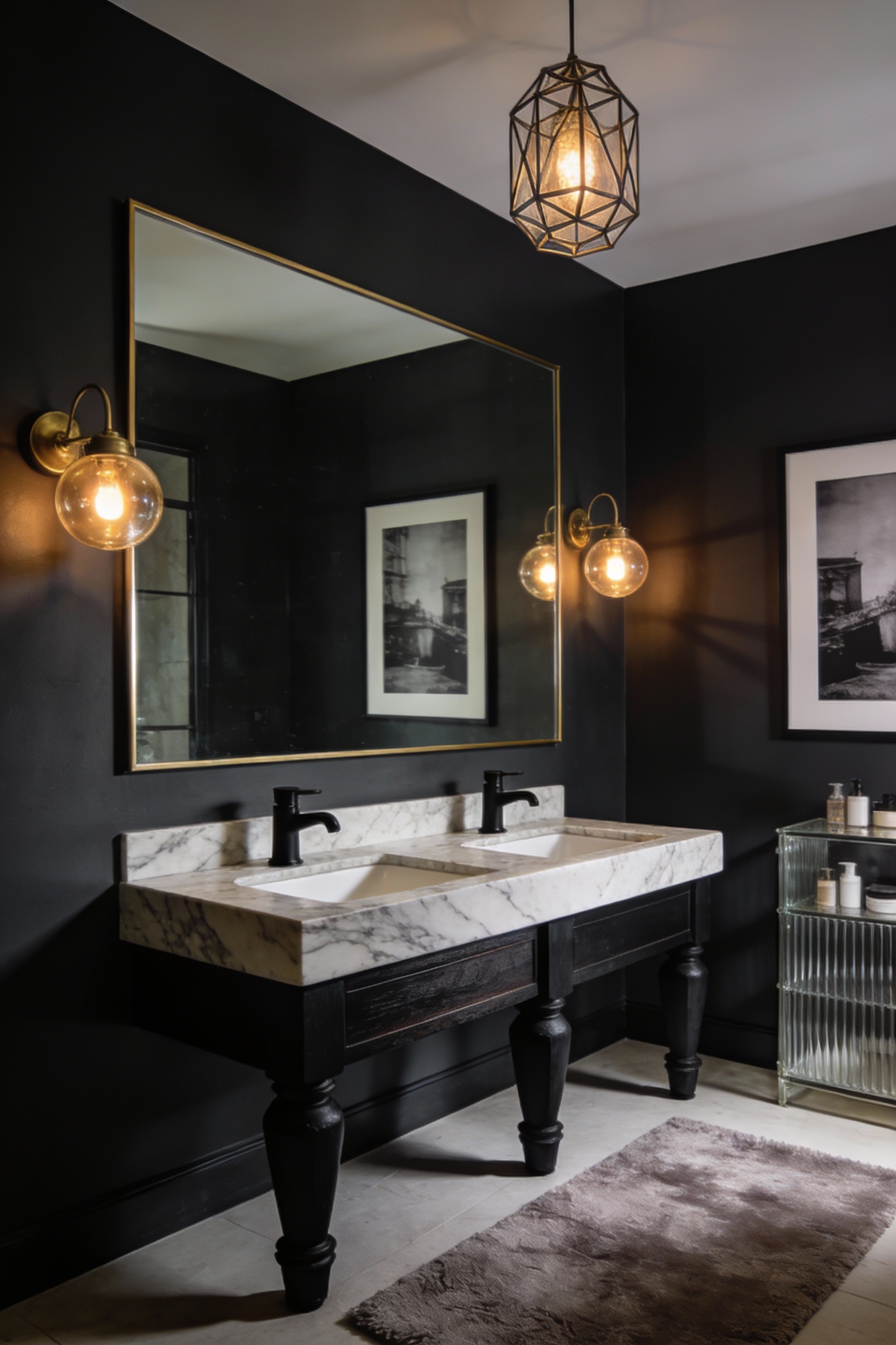 Straight-on medium-wide photorealistic shot of a moody boutique-hotel double vanity wall: charcoal painted walls, furnit