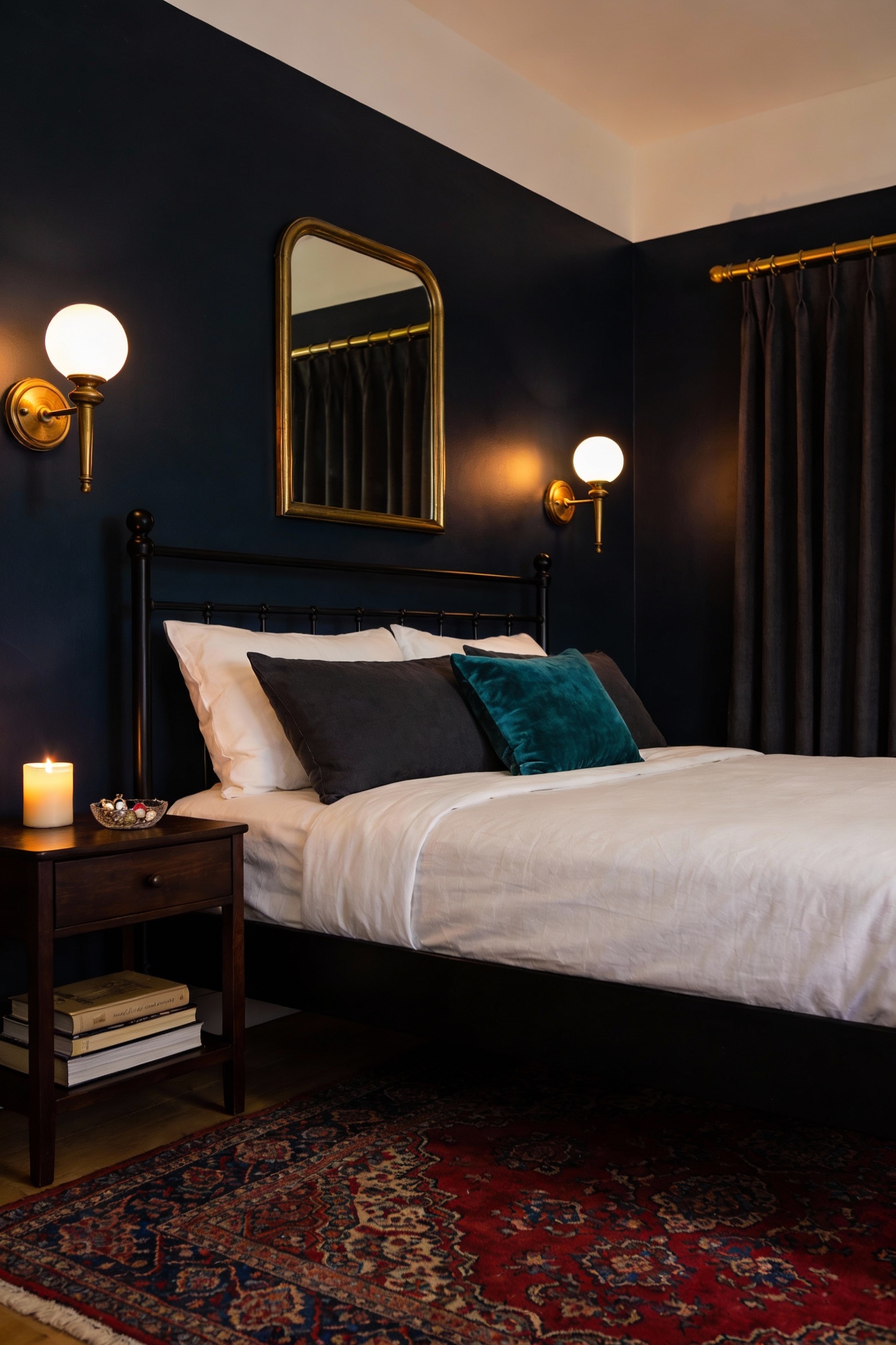 Medium straight-on photorealistic boutique-hotel bedroom: deep charcoal to inky blue-black painted walls, black bedframe