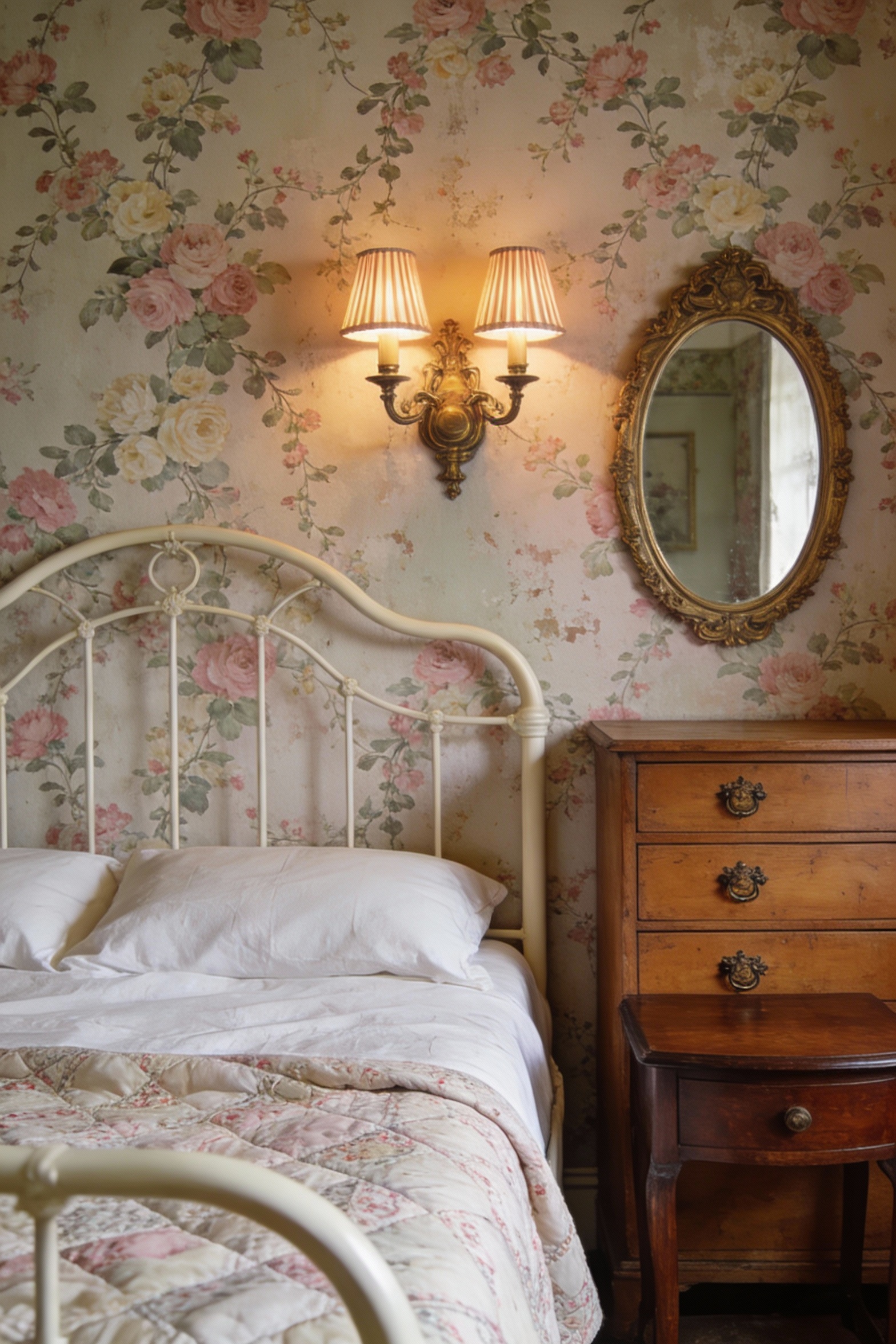 Medium straight-on shot of a romantic vintage garden bedroom with vintage-inspired floral wallpaper (soft blooms and tra