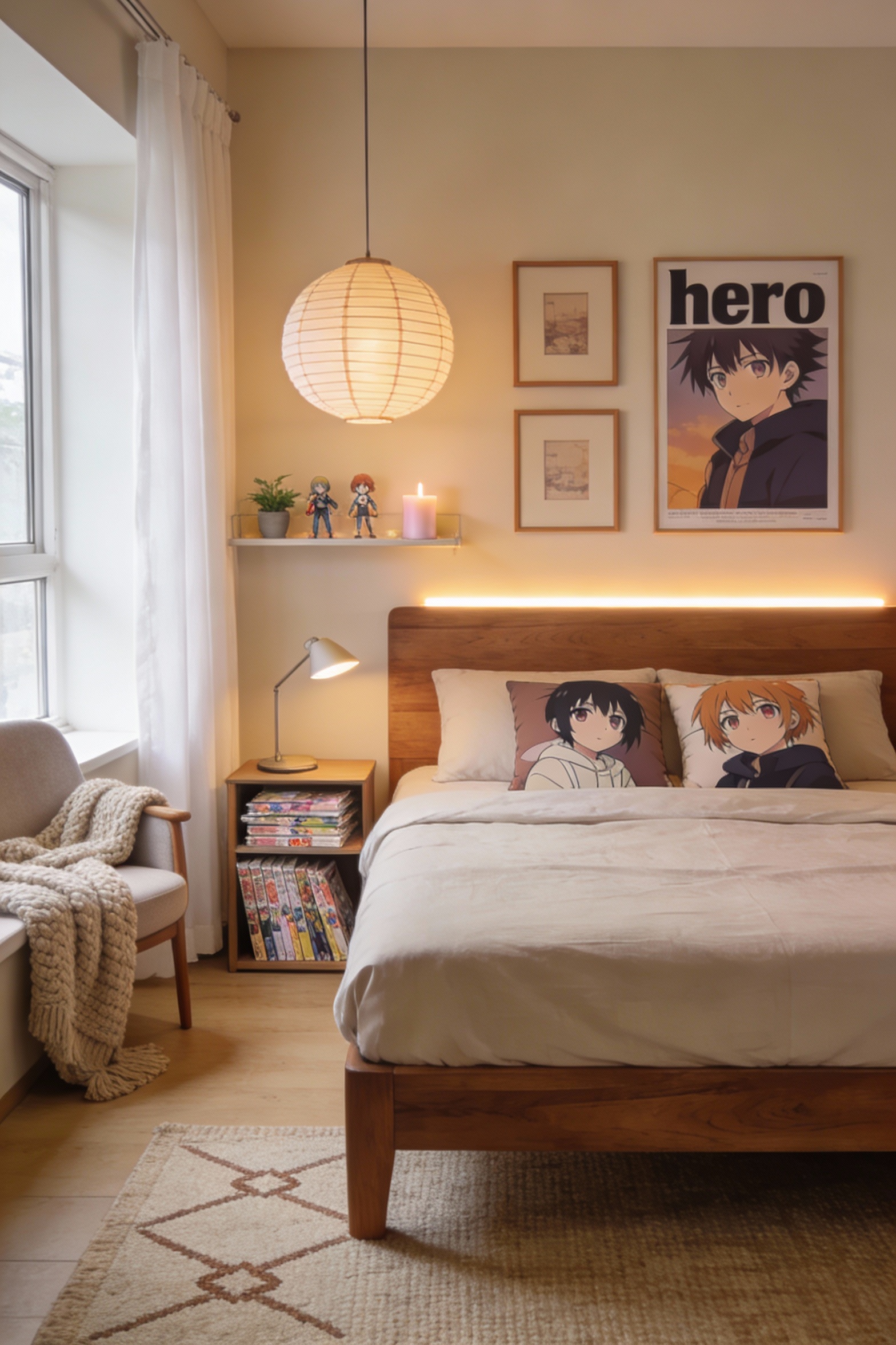 Medium shot straight-on of a cozy anime bedroom in warm neutrals: warm beige walls, oak/walnut wood bed frame, crisp neu