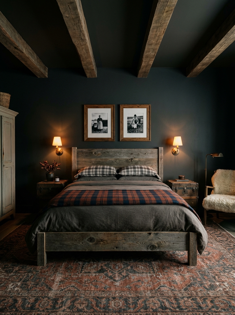 Moody wide straight-on photorealistic farmhouse bedroom with matte deep charcoal walls and rustic wood ceiling beams, we