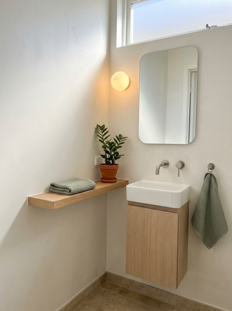 Medium photorealistic corner-angle shot of a light-soaked Scandinavian spa downstairs toilet: warm white or pale greige 