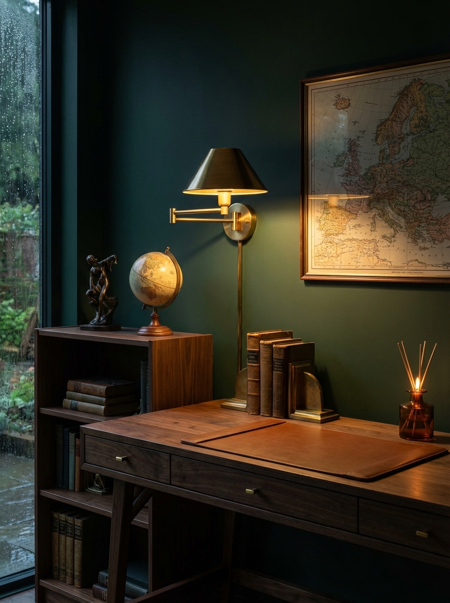 Medium straight-on photorealistic shot of a moody library-style desk setup: deep forest green wall backdrop, dark walnut