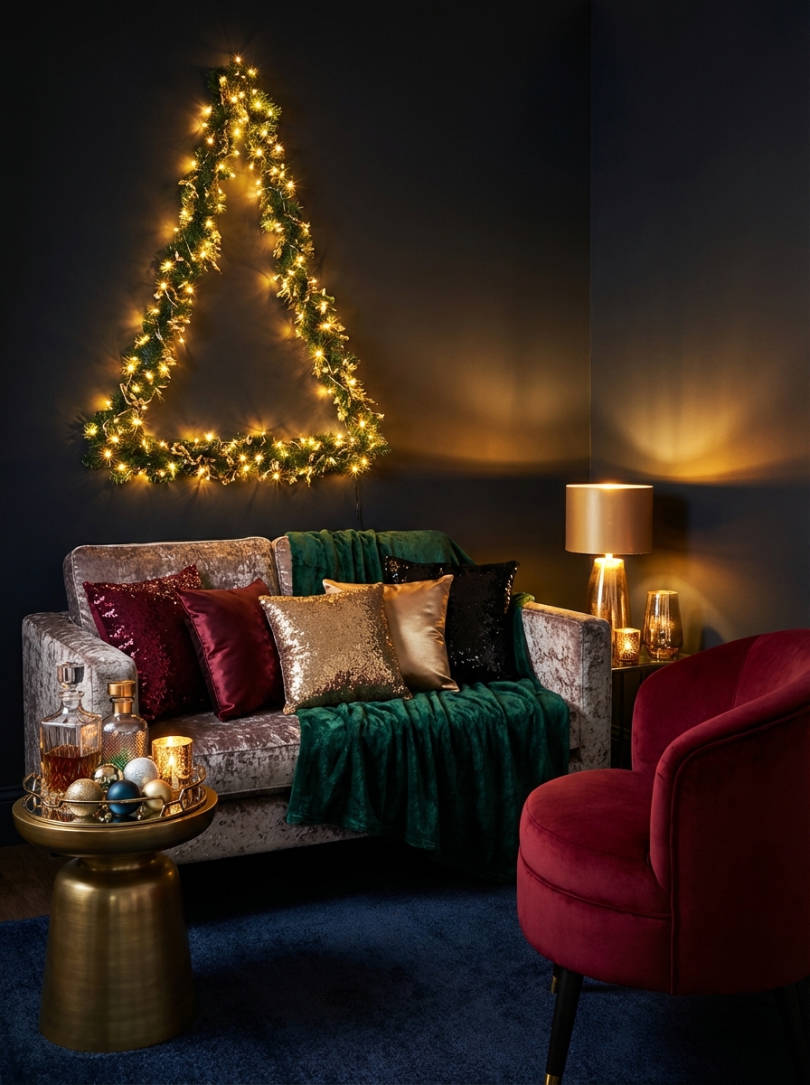 Medium straight-on photorealistic shot of a glam studio setup like a festive cocktail lounge: deep emerald or ruby velve