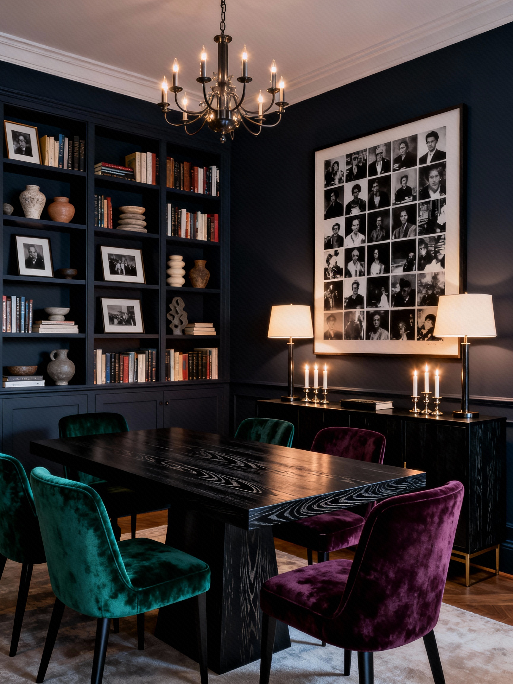 2. Medium corner-angle view of a moody library dining room: deep inky navy/charcoal walls, dark stained or black wood-gr
