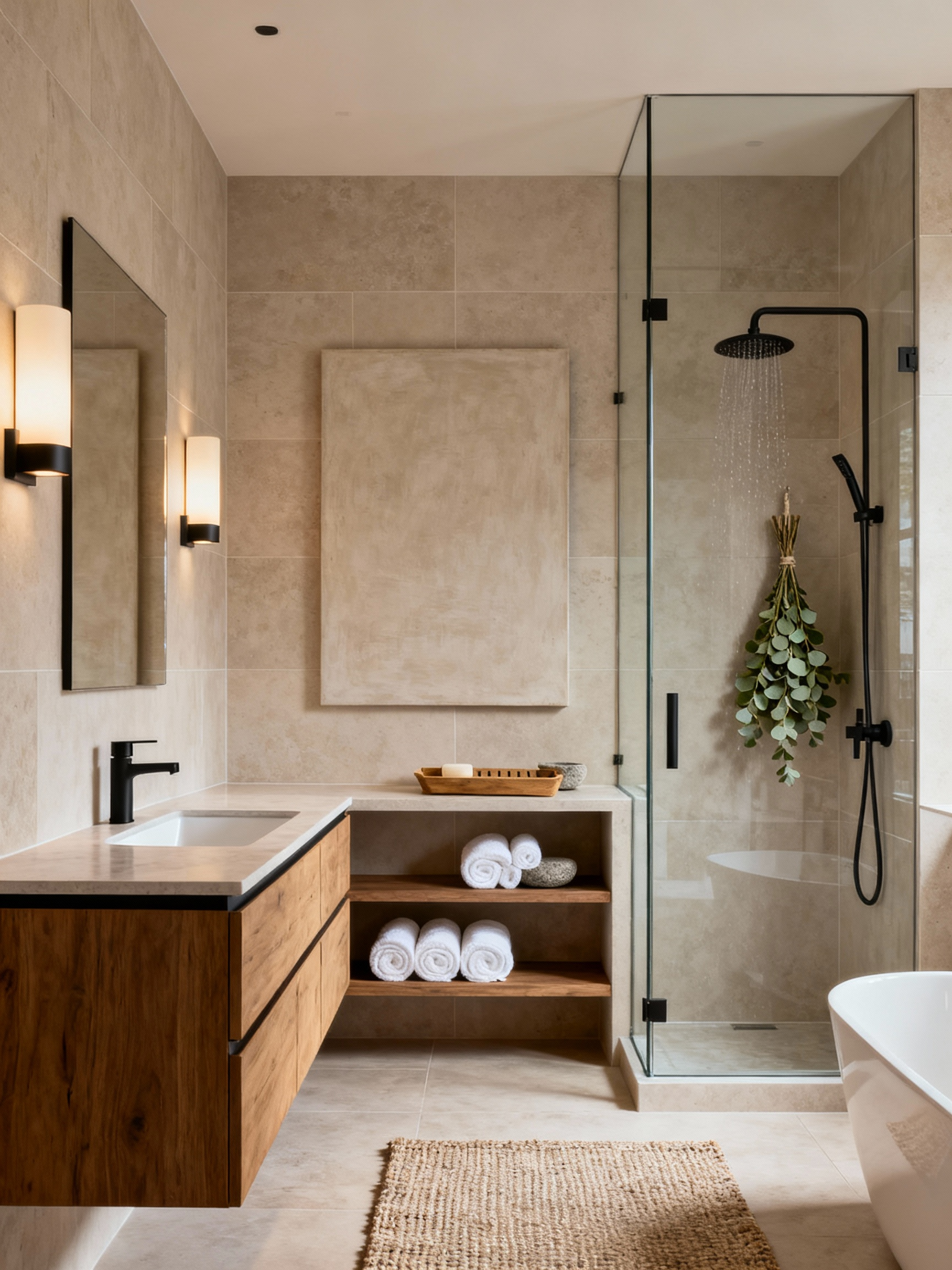 Straight-on medium shot of a modern spa sanctuary bathroom vanity and shower: large-format porcelain tile in soft greige