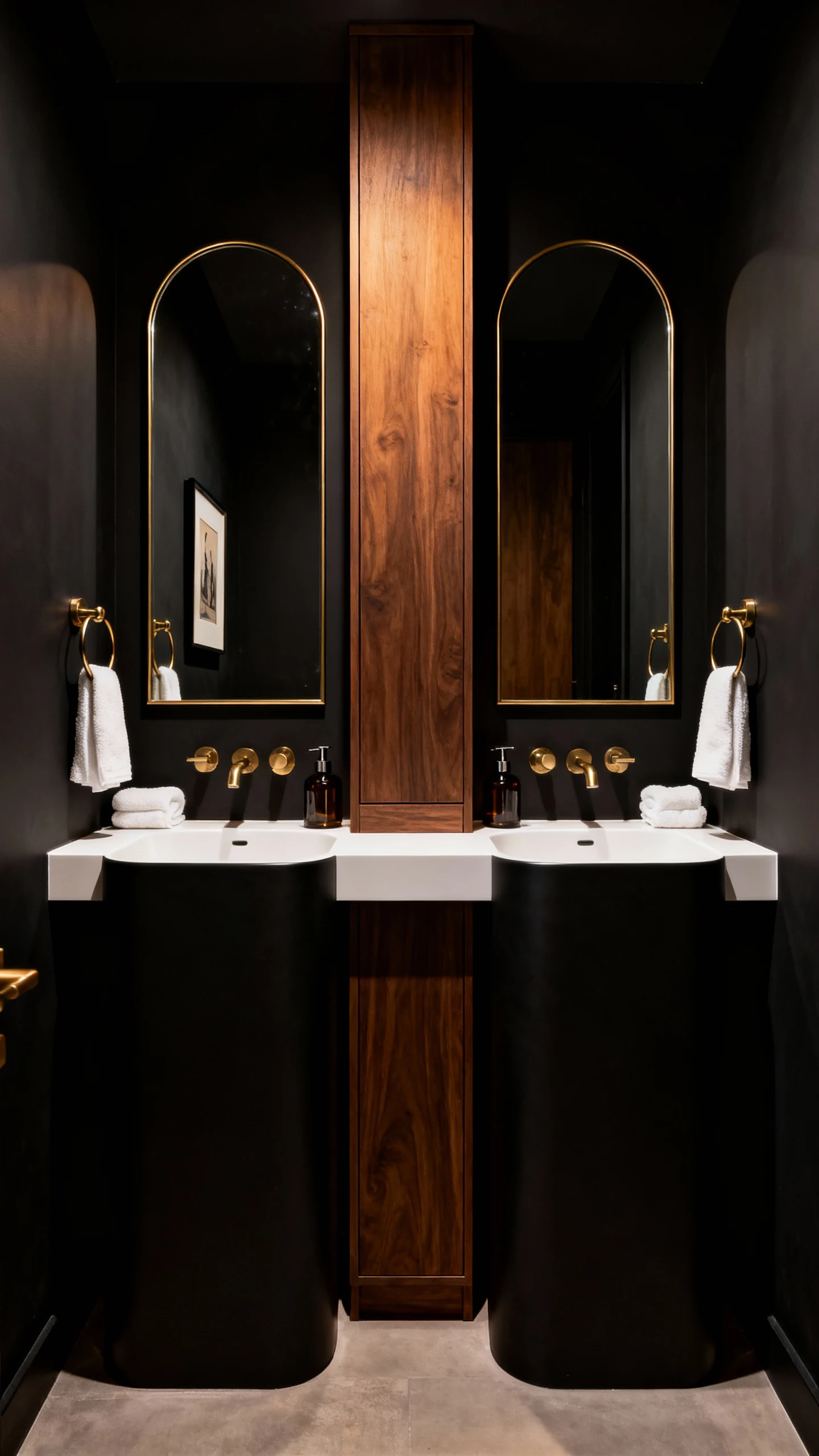 Medium straight-on view of a moody modern double vanity in a tight bathroom: deep charcoal walls, two matte black sink b