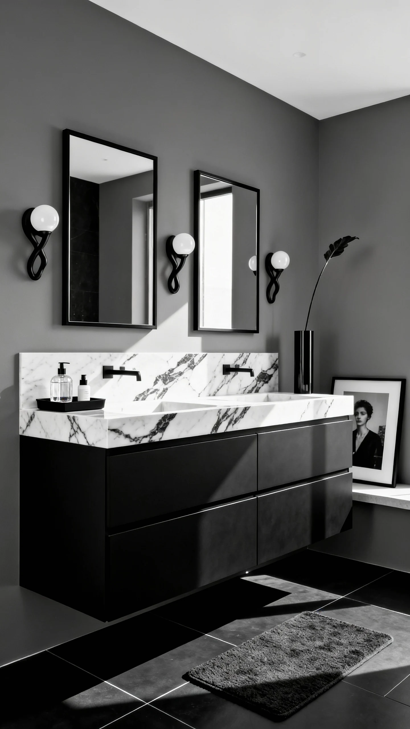 Medium, photorealistic bold monochrome gallery vanity vignette, straight-on view: matte black flat-panel double vanity w