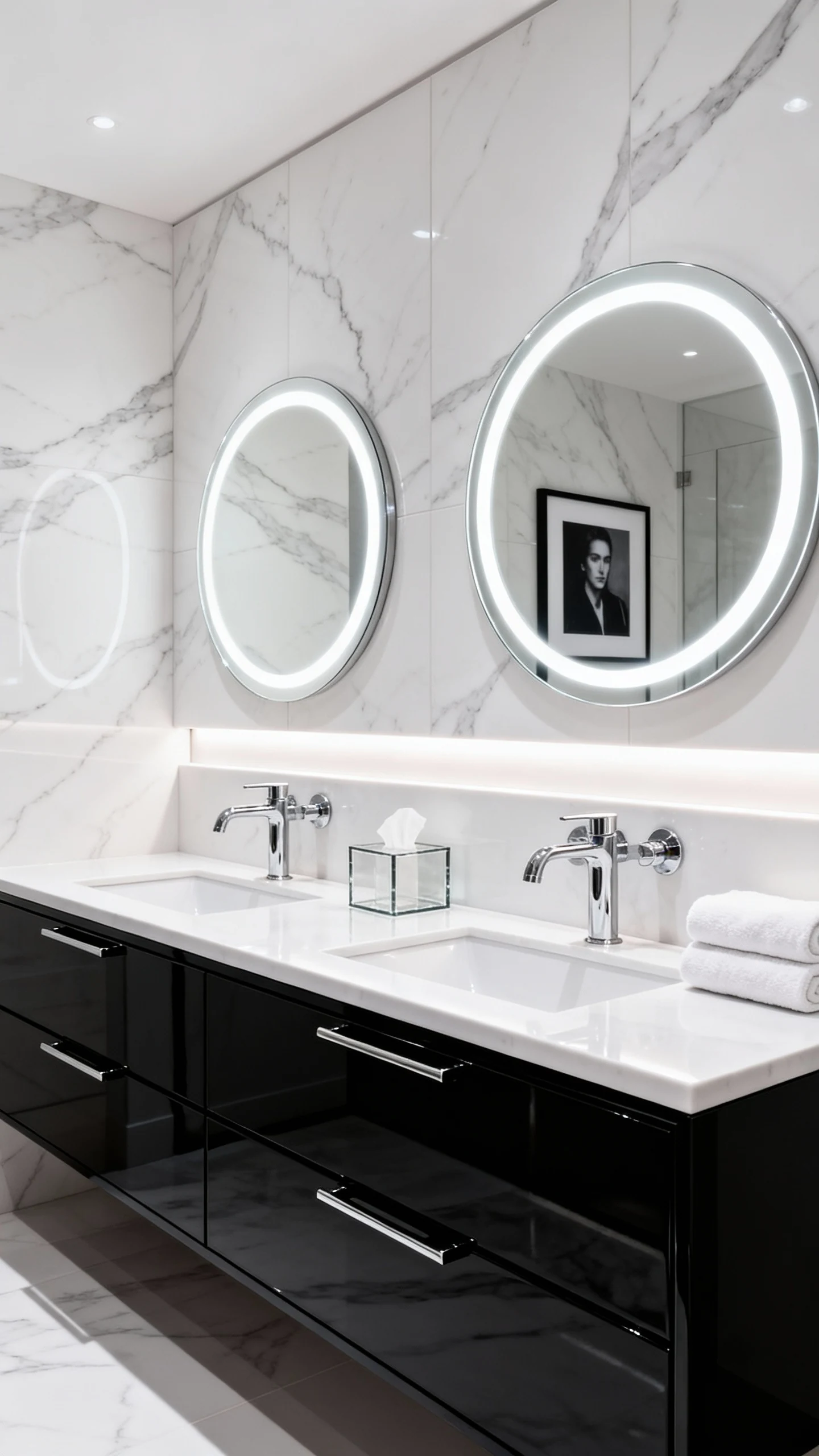 Straight-on medium-wide photorealistic double vanity wall in high-contrast glam style: glossy black lacquer vanity with 