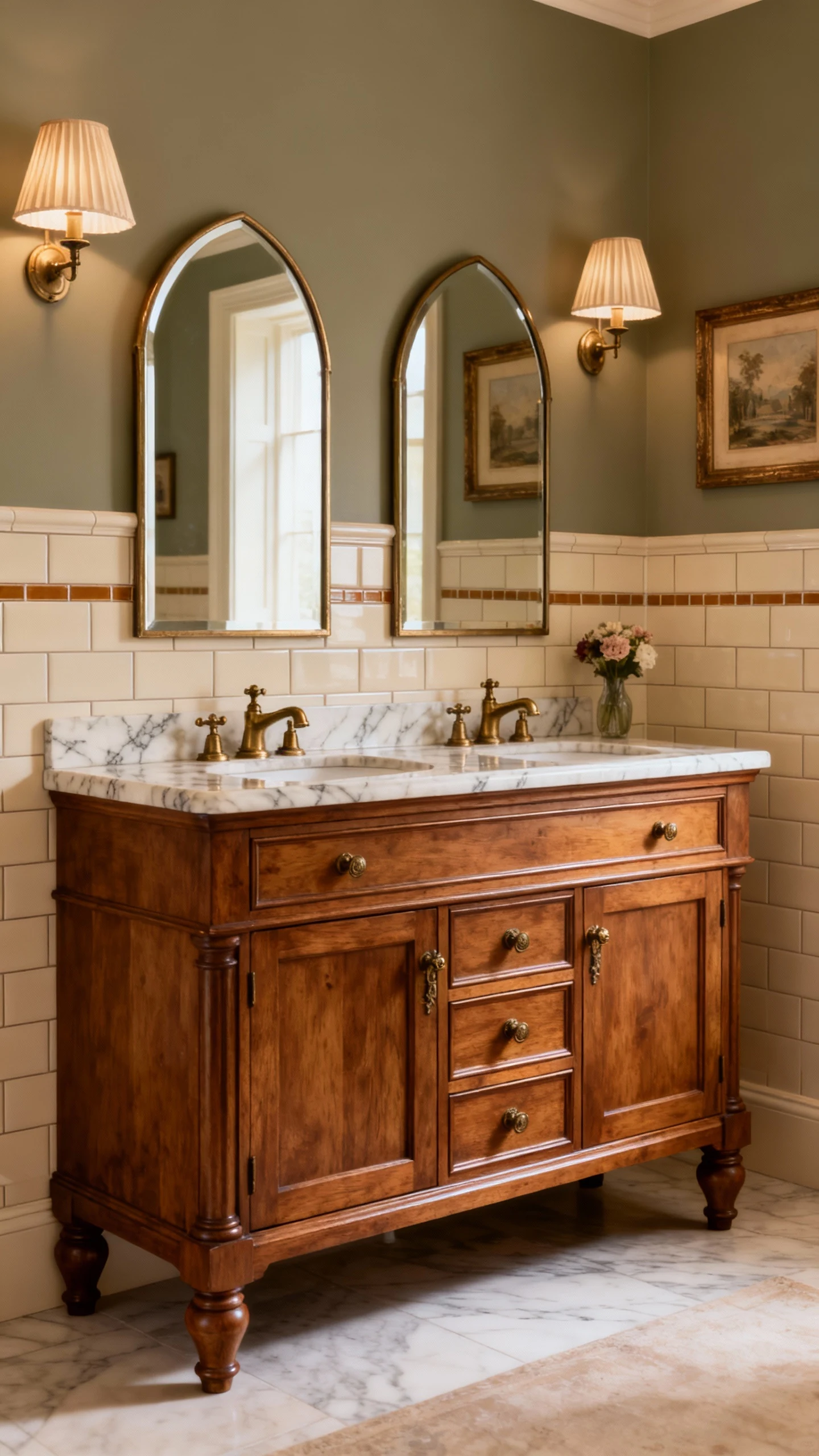 Medium shot, classic English-inspired double vanity wall: furniture-style warm oak vanity with inset doors, turned legs,