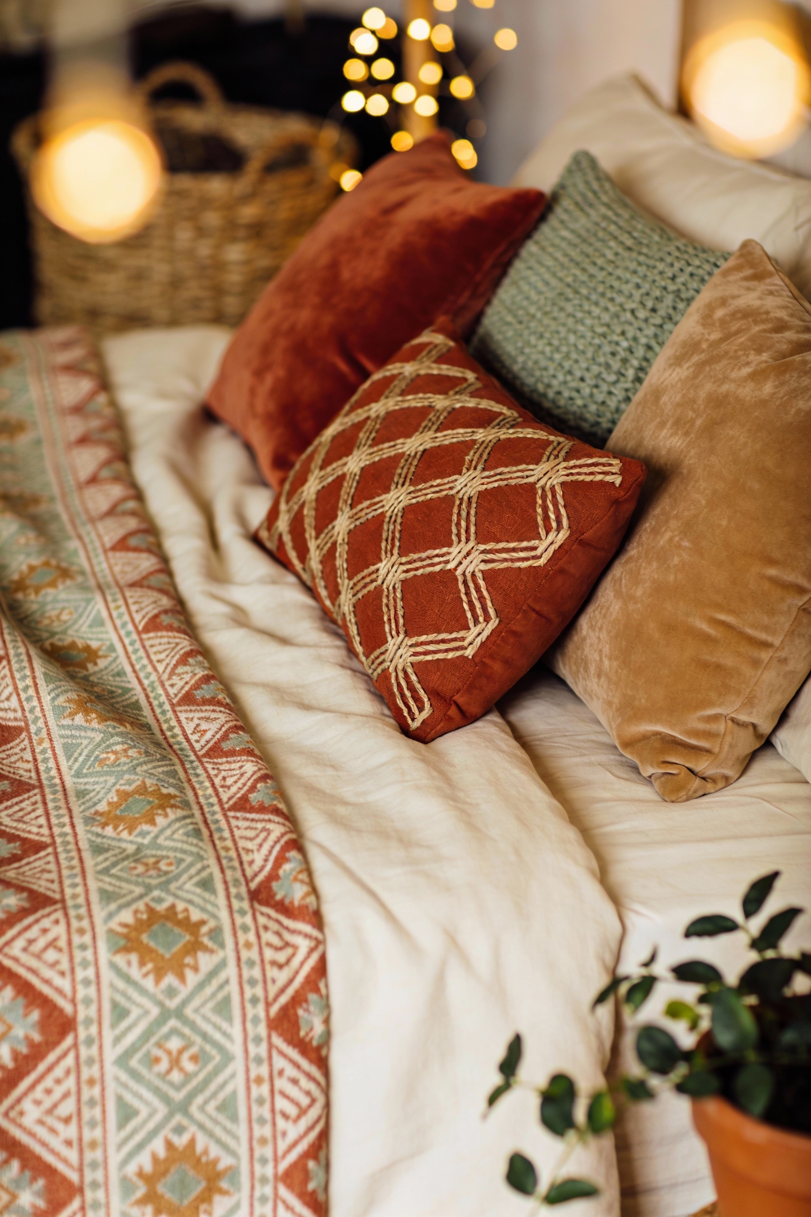 Detailed close-up photorealistic bedding vignette for an earthy boho sanctuary: cream base blanket layered with a patter
