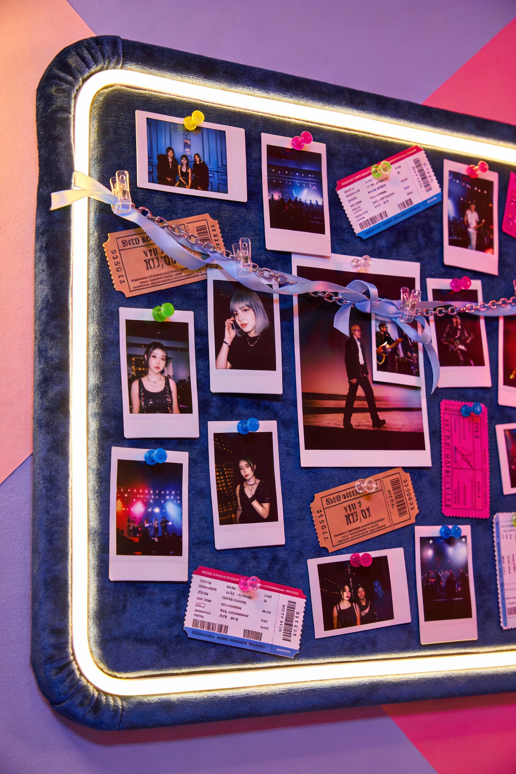Close-up detail shot of a teen bedroom mood board corner: foam pinboard wrapped in velvet or denim fabric, outlined with