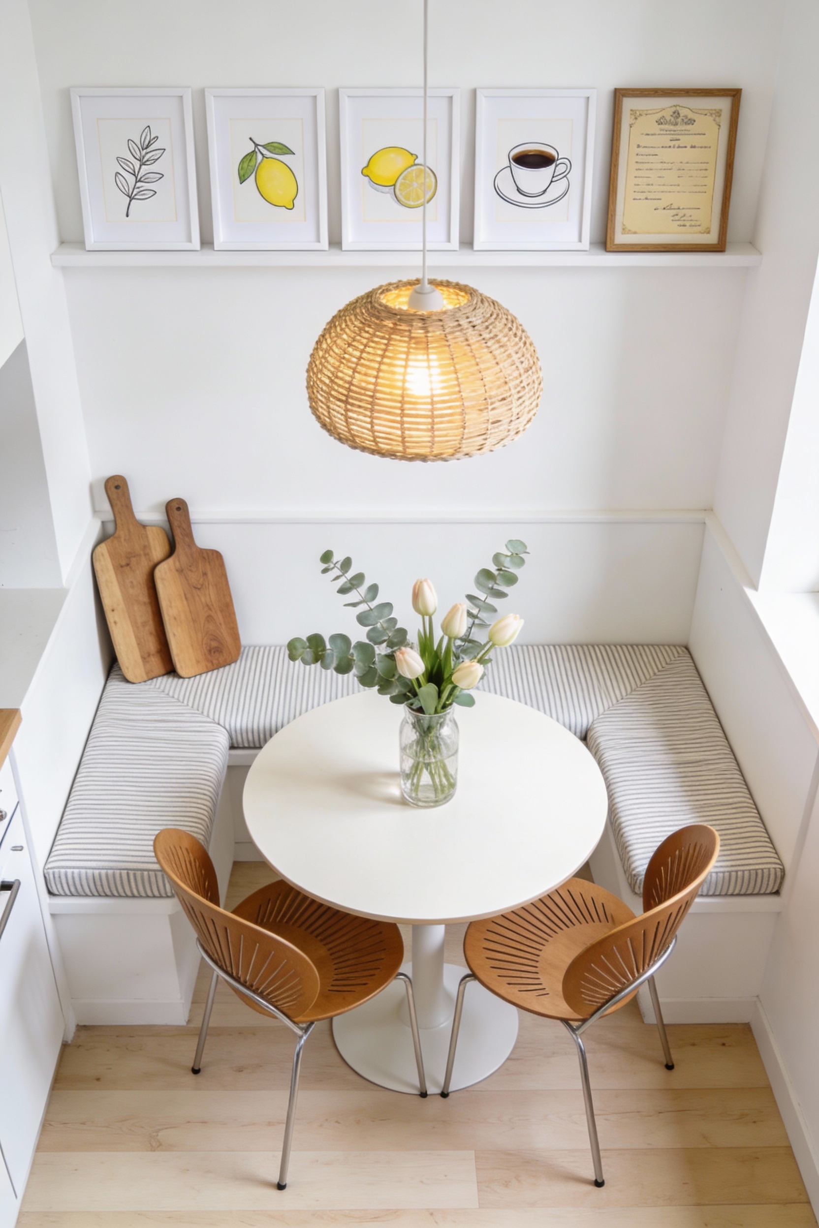 Overhead photorealistic view of a bright Scandinavian kitchen nook: crisp white palette with light birch wood; a compact