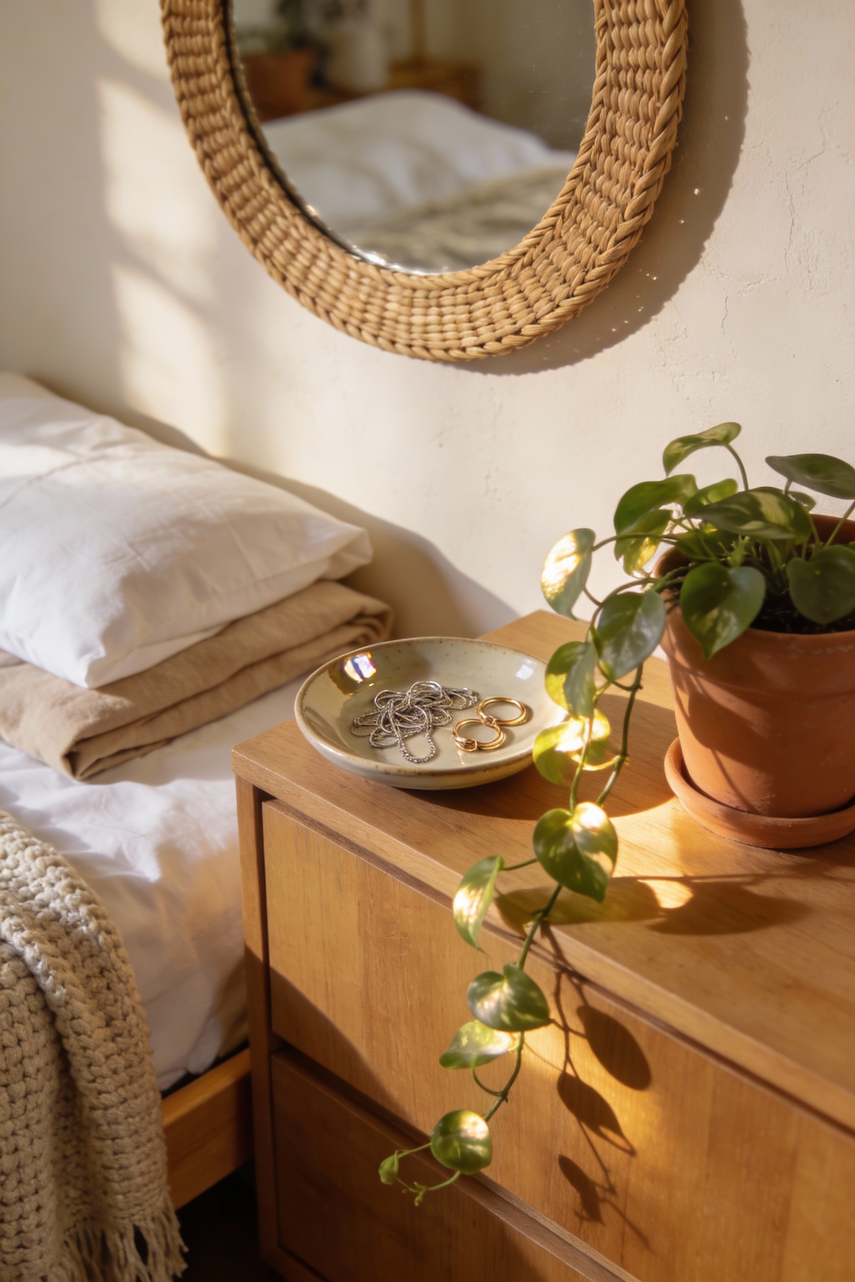 Detail closeup photorealistic boho bedroom vignette focused on the dresser wall: round rattan mirror in warm honey tone 