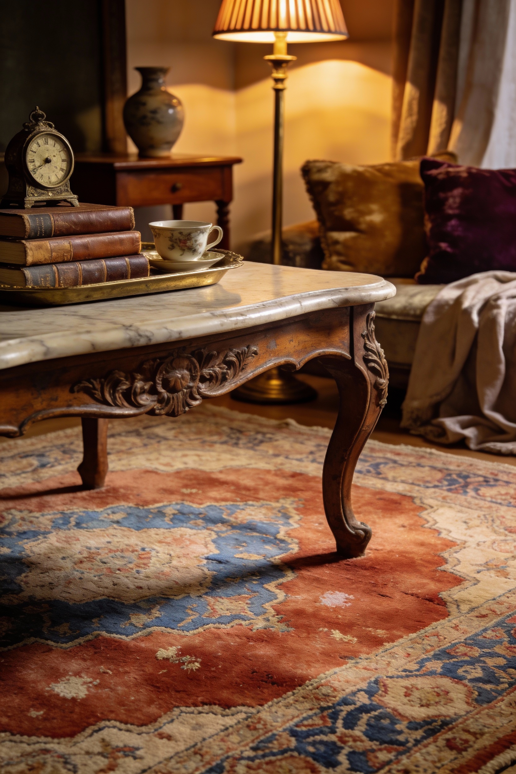 Detail closeup, photorealistic vintage-collectible salon: worn-in faded Persian-style rug filling the frame with nuanced