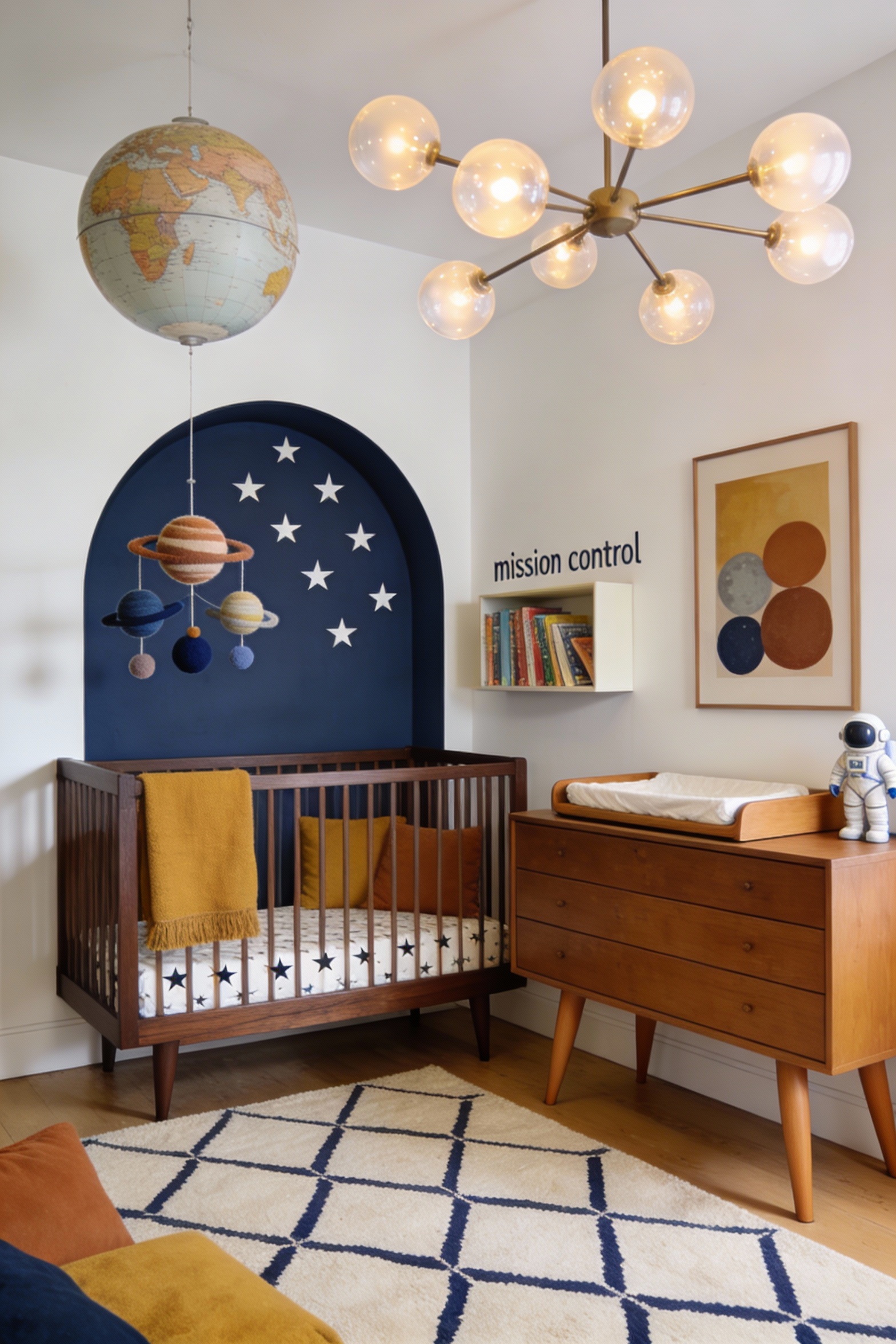 Wide photorealistic low-angle corner view of a playful retro space explorer nursery with mid-century styling: warm white
