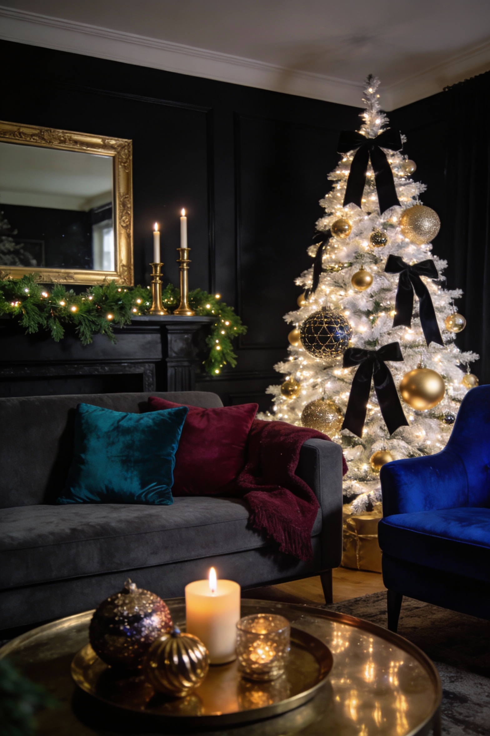 3. Glam moody “midnight magic” living room, wide straight-on view: charcoal/black accent wall and deep gray sofa; jewel-