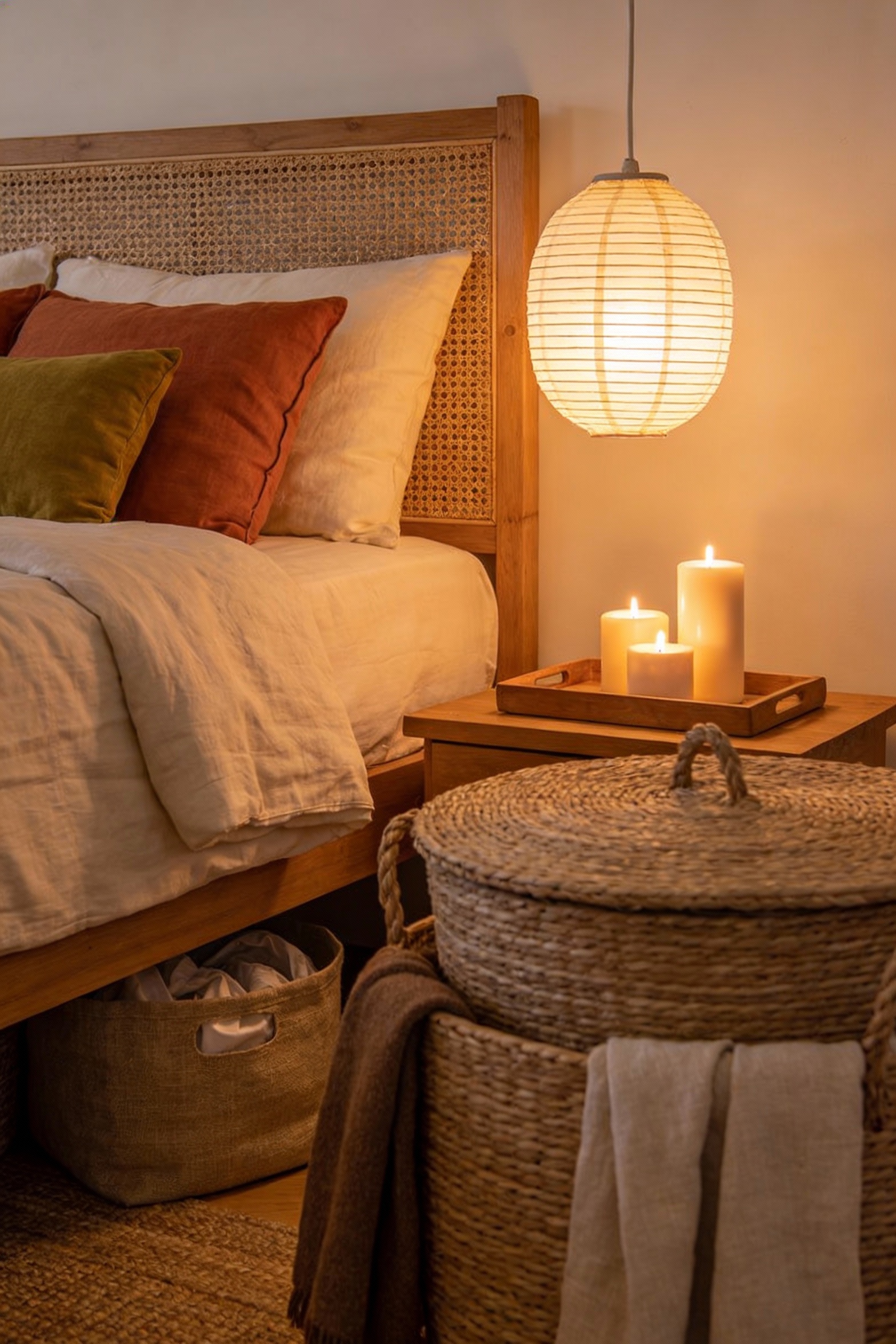 3. Detail-focused photorealistic closeup of a cozy boho bedroom vignette: natural wood or rattan headboard edge with cre