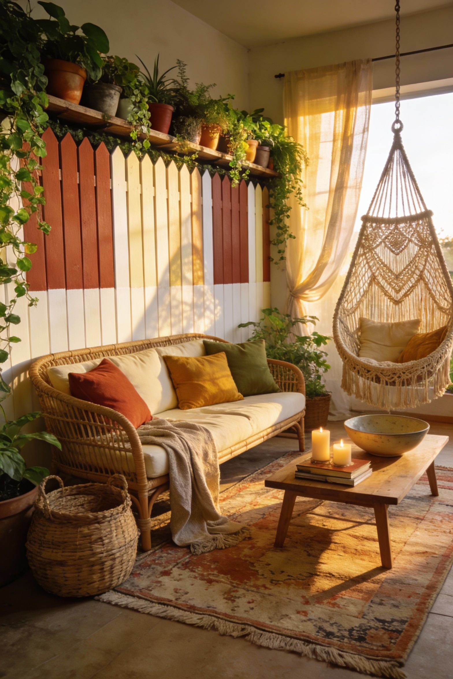 Corner-angle wide photorealistic boho sunroom drenched in golden-hour sunlight: half-height picket fence divider painted