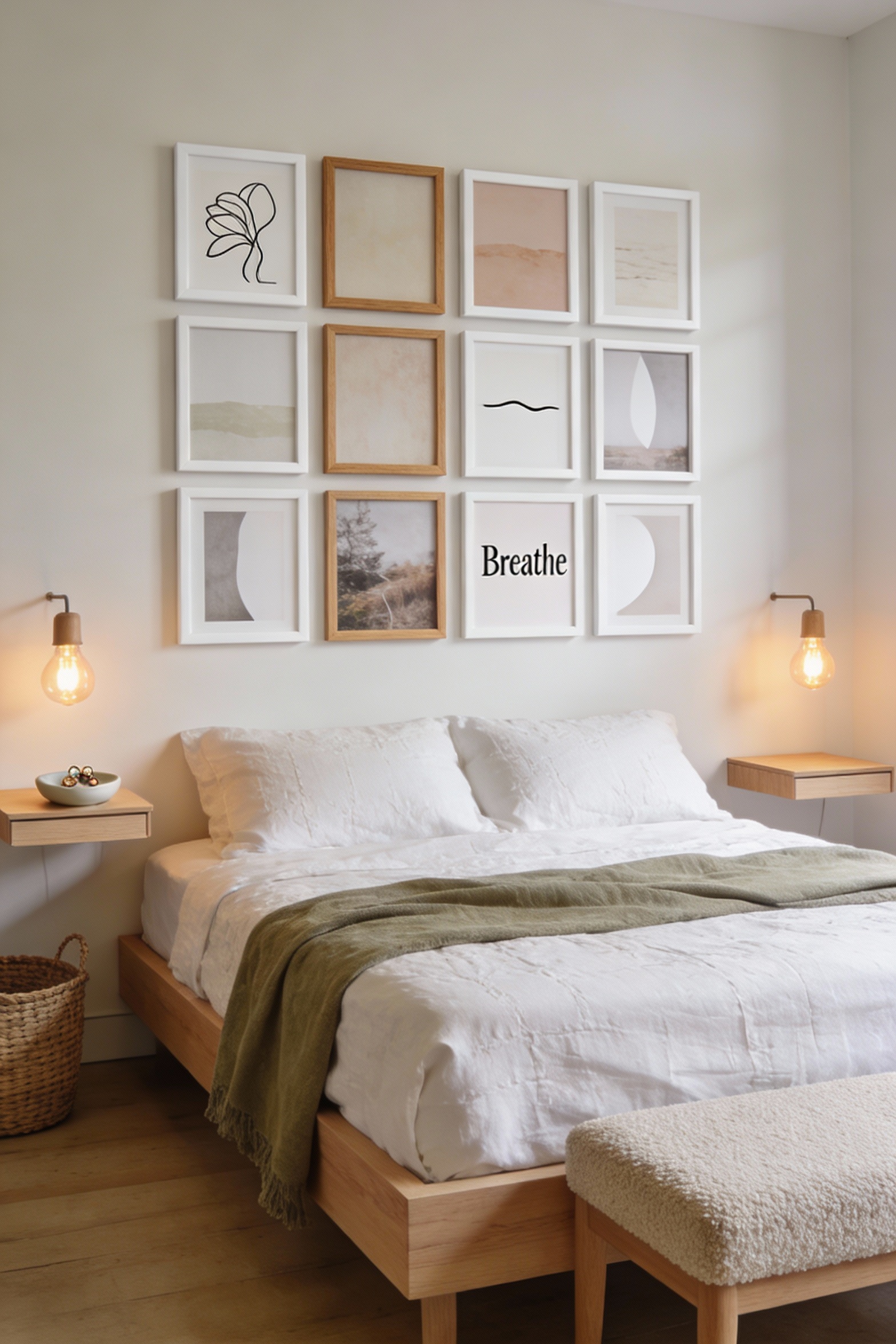 Straight-on airy Scandinavian bedroom scene: light-oak platform bed with textured white linen bedding, a muted sage or d