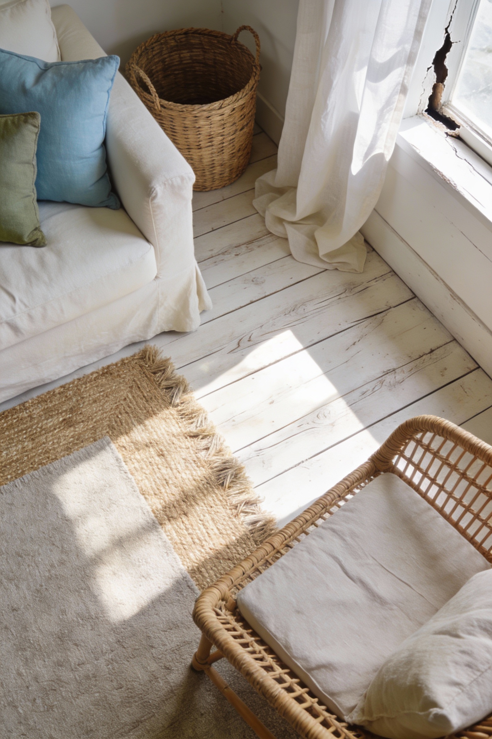 Overhead photorealistic detail shot emphasizing coastal textures: pale driftwood/whitewashed wood plank flooring with su