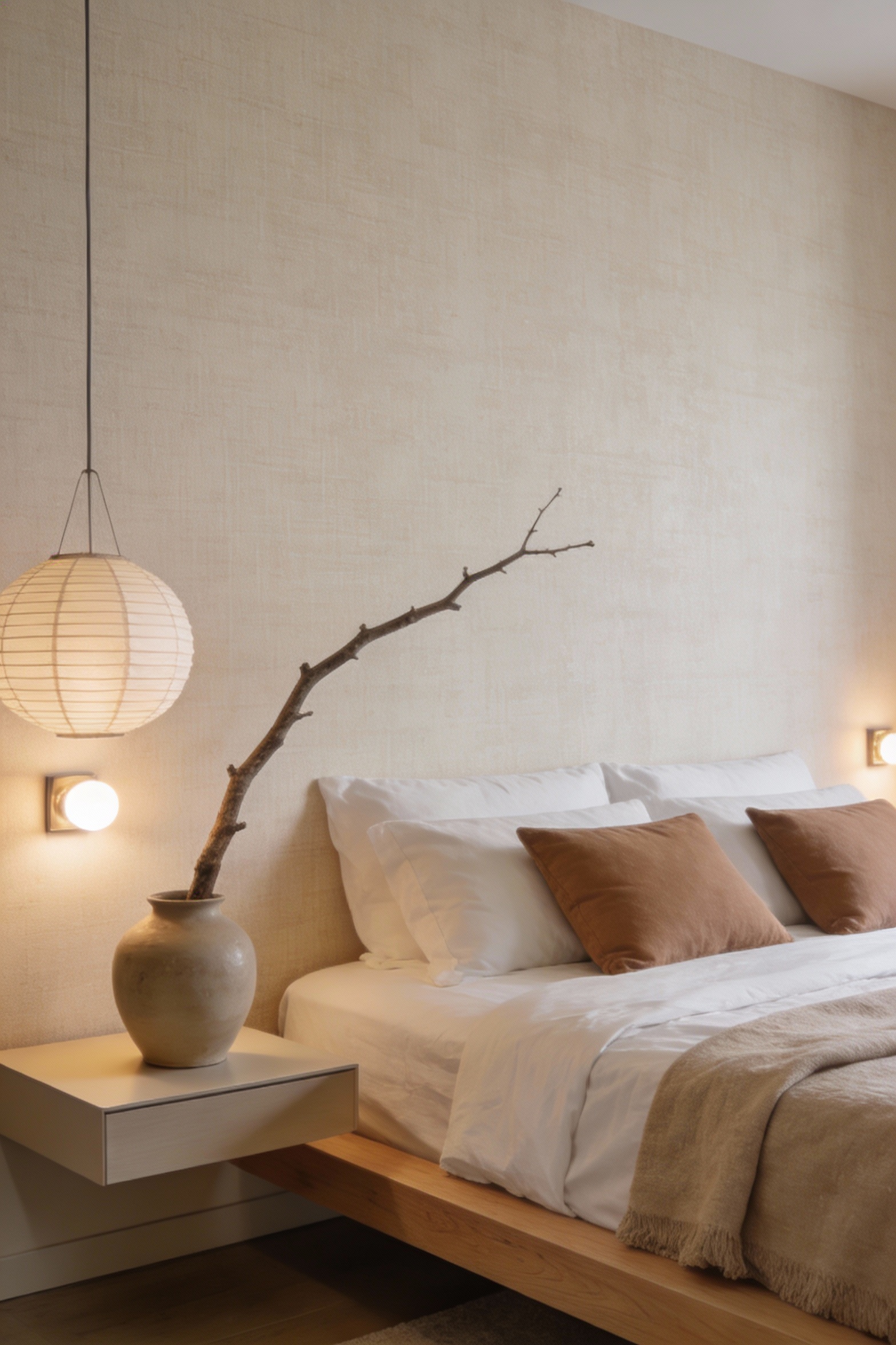 3. Detail closeup photorealistic shot of a calm Scandinavian bedroom accent wall behind the bed covered in soft neutral 