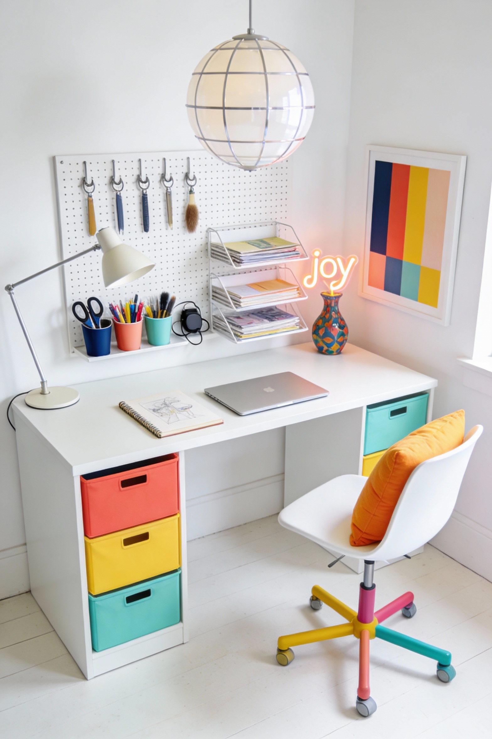 3. Wide photorealistic bright “creative studio” workspace from a slight overhead angle: white walls and light flooring, 