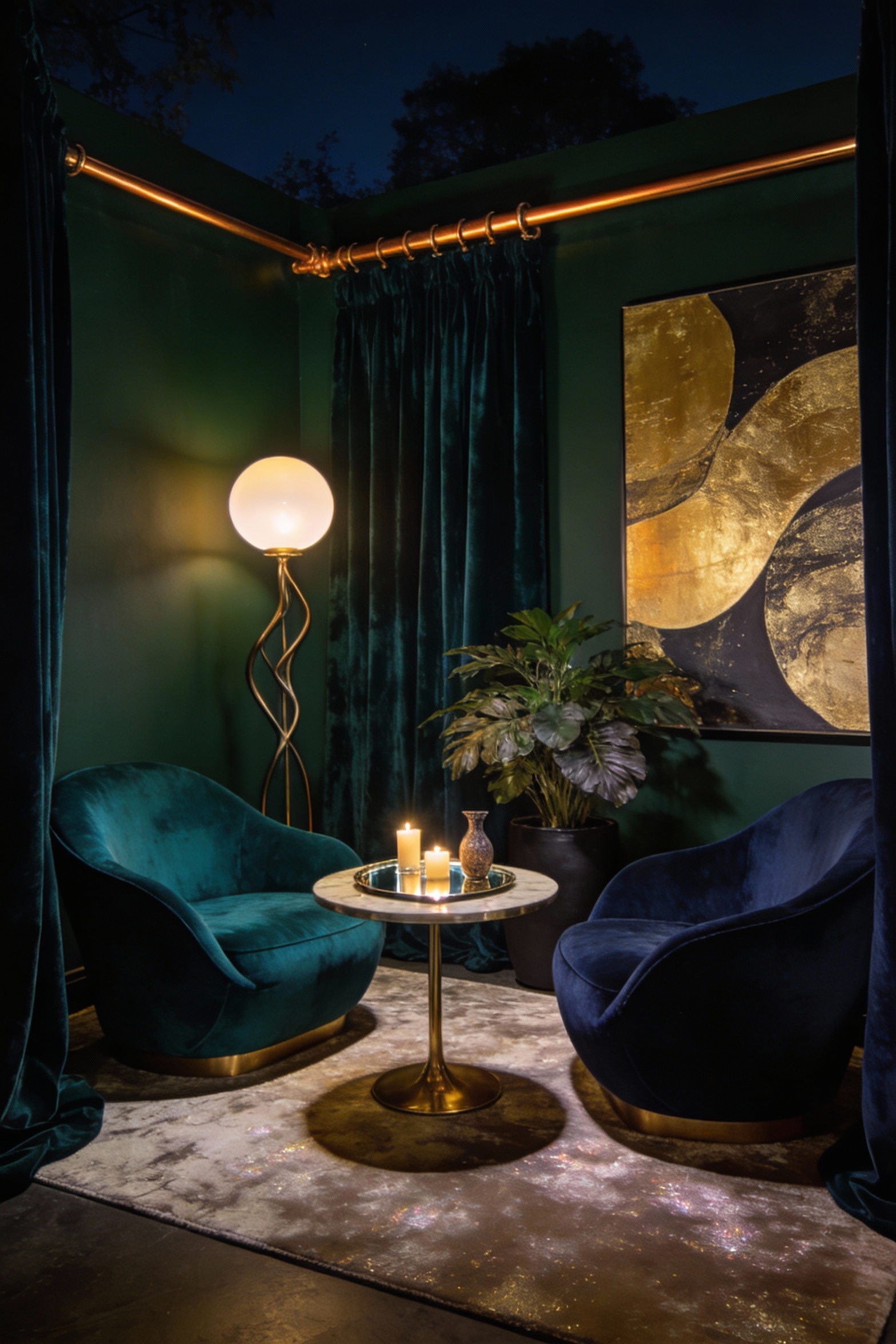 3. Wide dramatic photorealistic shot of a luxe glam lounge bay at night: two curvy velvet accent chairs in emerald or in