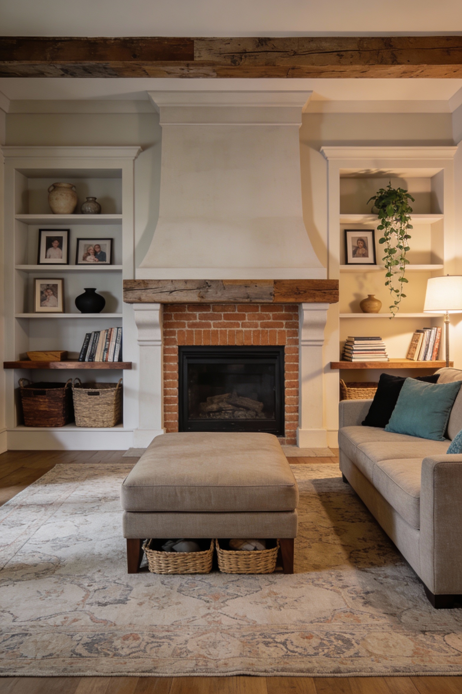 Wide photorealistic modern farmhouse family room centered on a chimney breast framed by built-in shelving on both sides 
