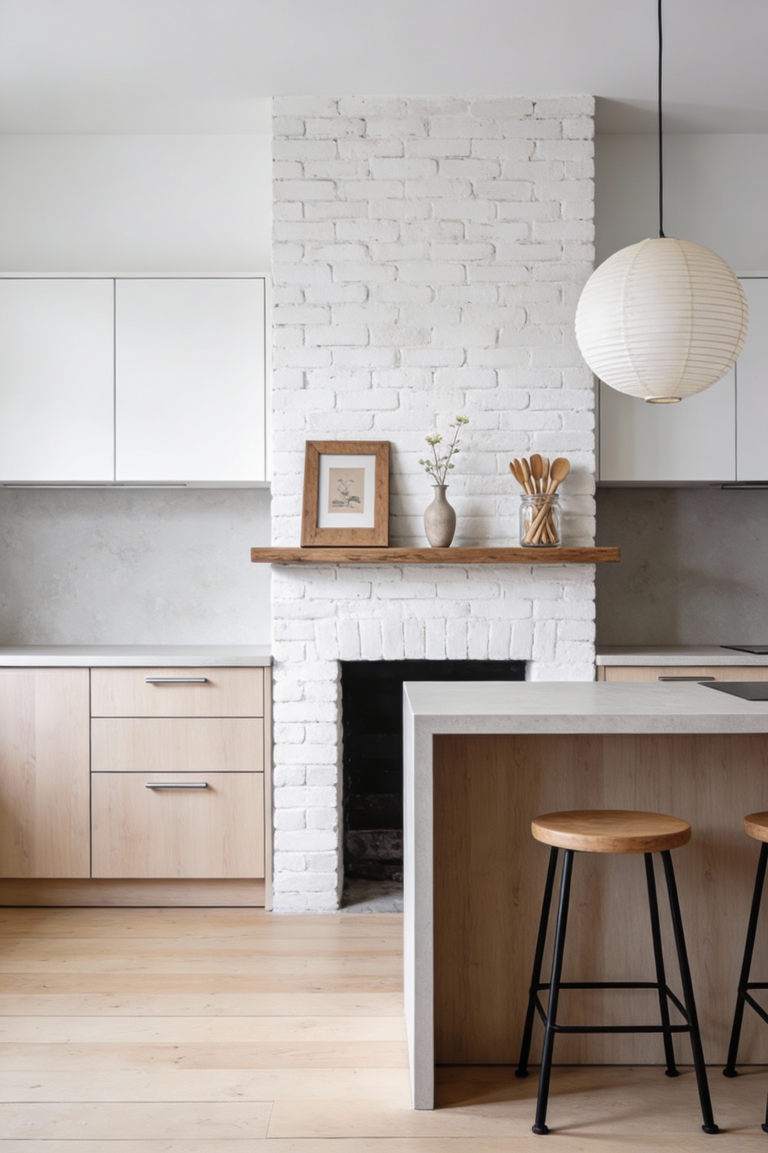 Straight-on photorealistic Scandinavian kitchen scene emphasizing a whitewashed brick chimney wall with airy simplicity: