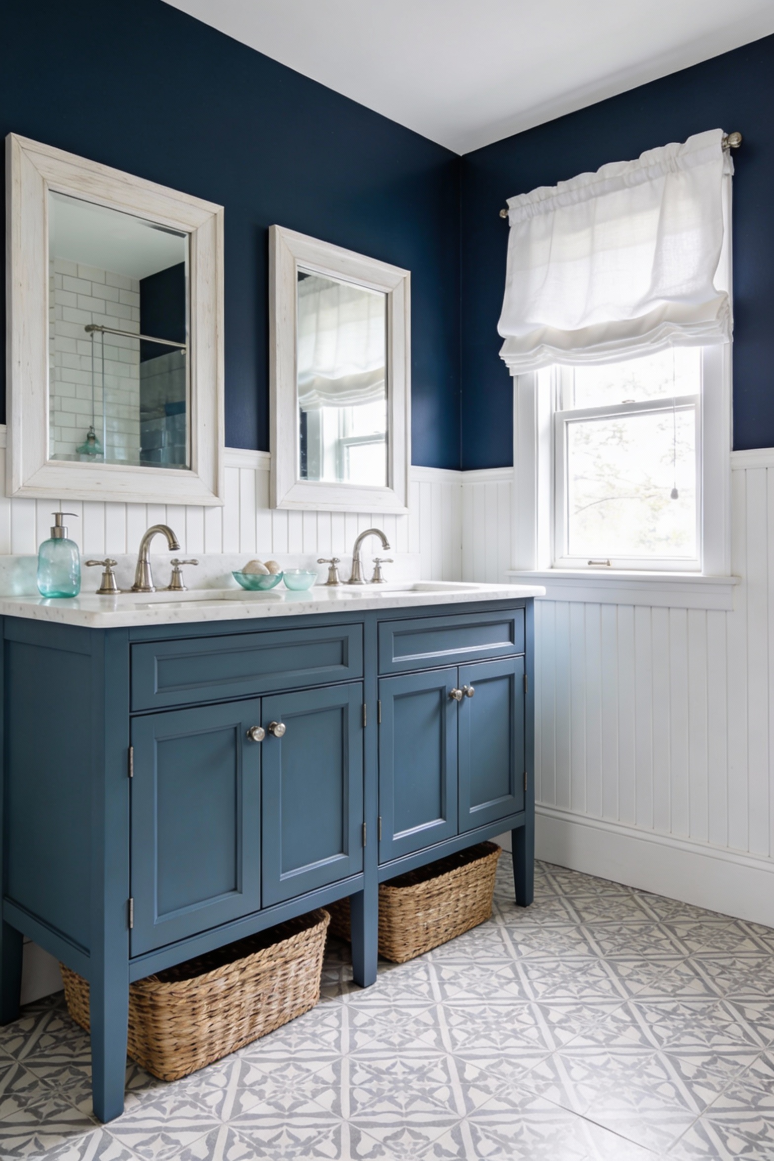 Bright wide room shot, airy coastal classic bathroom: soft navy/dusty blue shaker double vanity with white quartz counte