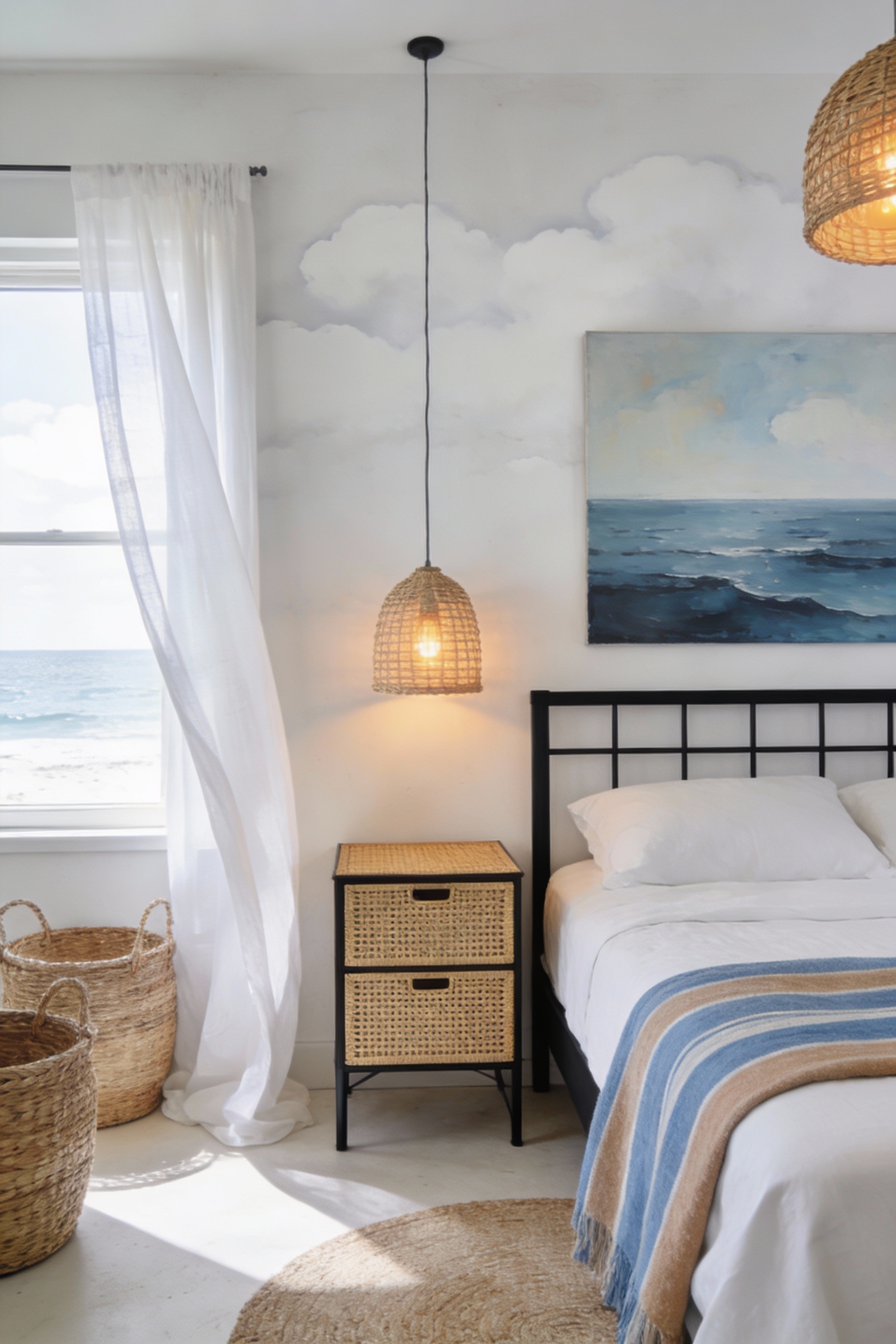 Wide airy coastal photorealistic bedroom, bright daylight: black bedframe with simple lines against white/cloudy off-whi