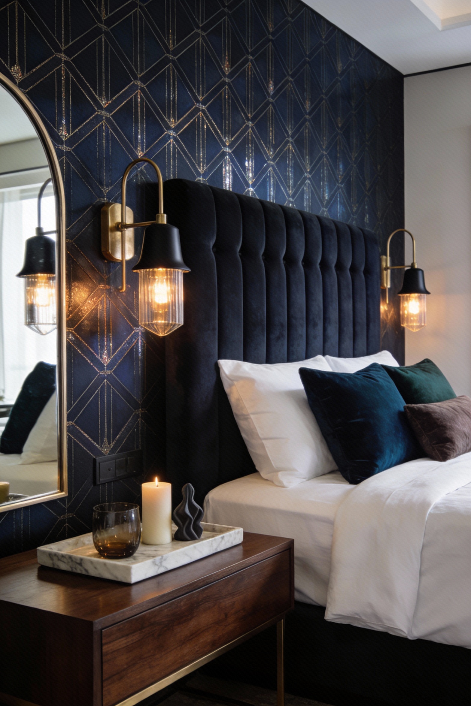 Wide dramatic suite-style bedroom shot with moody dark geometric Art Deco wallpaper (inky navy or charcoal base with sub