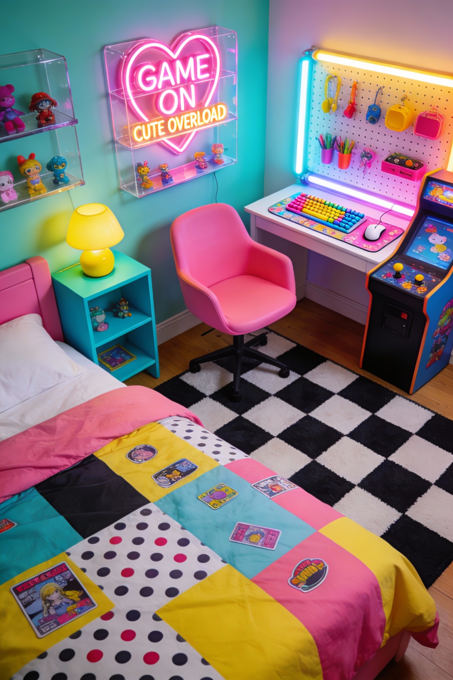 Wide room shot from a slightly elevated angle of a Retro Pop Kawaii bedroom with arcade energy: electric turquoise, hot 