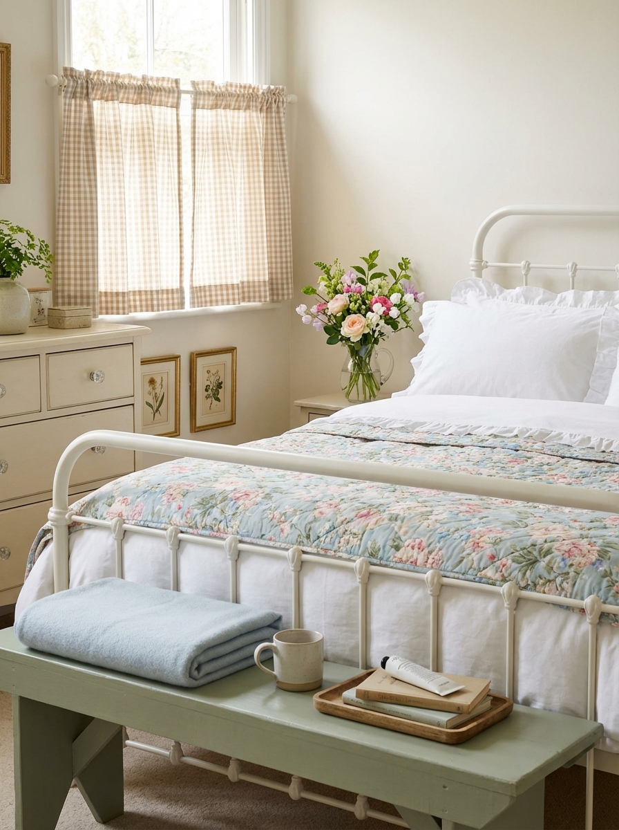 Medium shot photorealistic sunlit cottage-garden farmhouse bedroom with a light airy feel: white iron bed frame dressed 