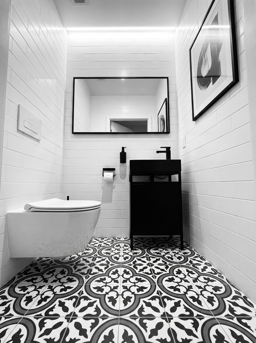 Low-angle wide photorealistic shot emphasizing flooring in a bold modern monochrome tiny loo: bright white walls, black-