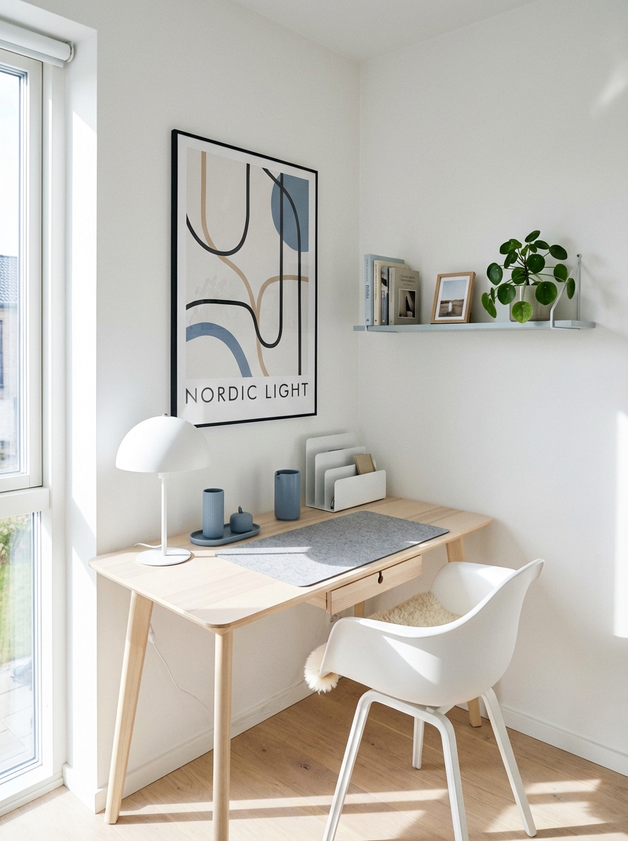 Bright wide shot near a window of a sunlit Scandinavian study nook: crisp white walls, pale ash/birch desk positioned to