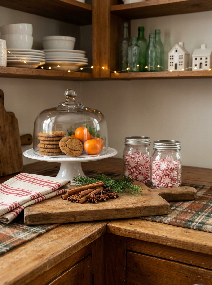 Close-up photorealistic kitchen counter vignette in a cozy cottage Christmas style: warm wood tones with one curated sty