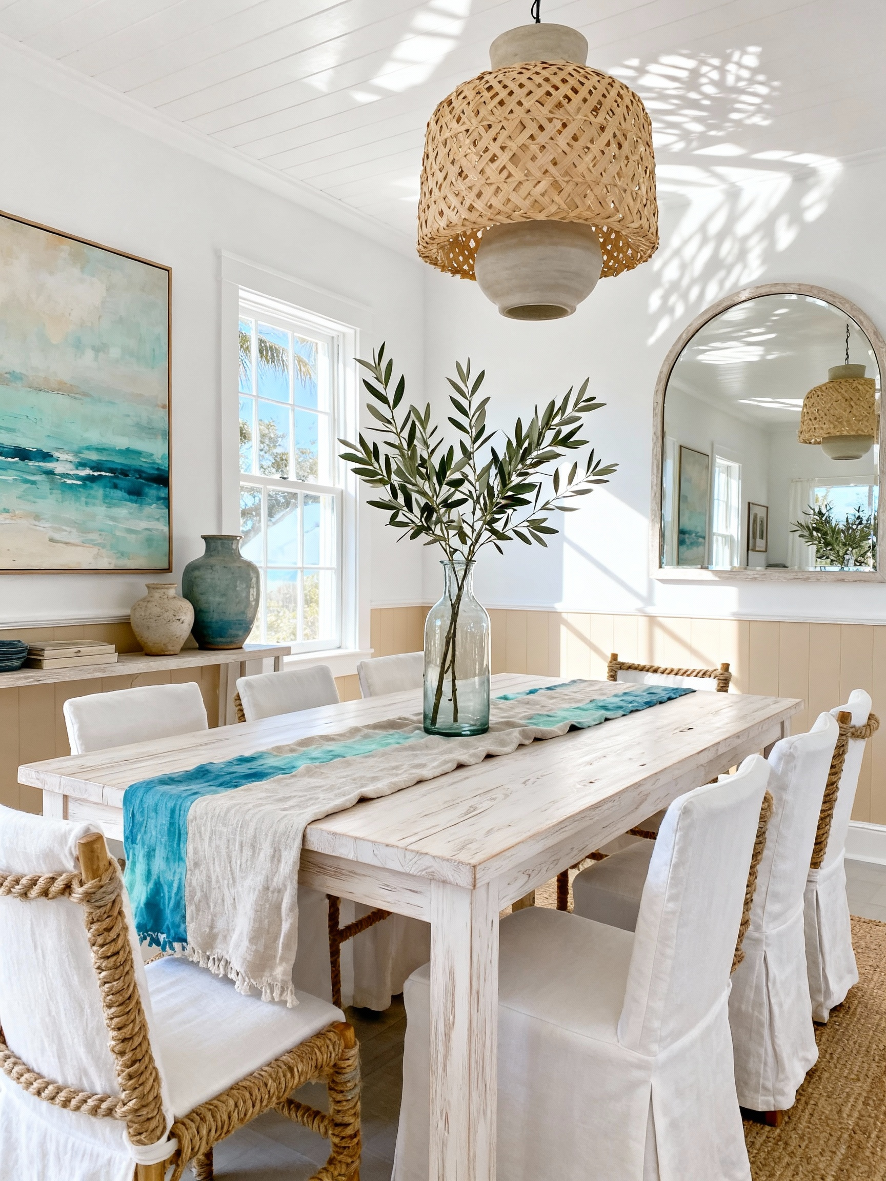 3. Bright wide shot of an airy coastal calm dining room in daytime: white oak light-grain table, woven/rope-detail chair