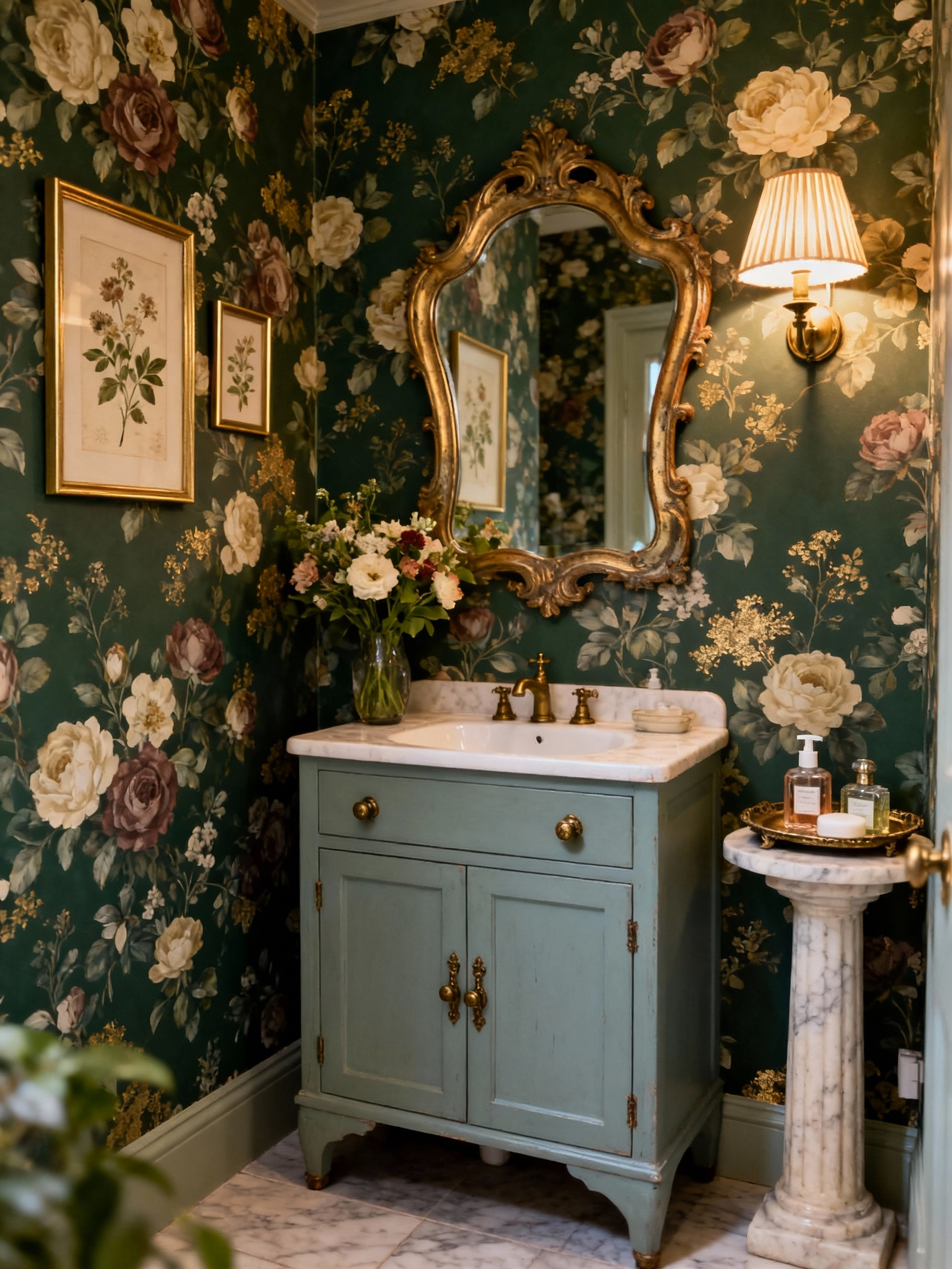 Wide shot of a small vintage garden powder room turned jewel box: moody floral wallpaper (deep greens, muted roses, hint