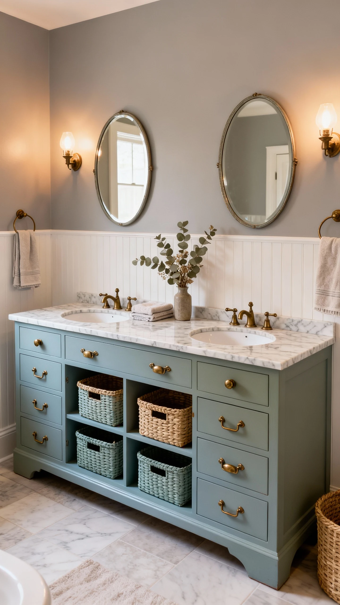 Wide-to-medium cozy vintage bathroom with a refinished long dresser converted into a double vanity painted dusty sage (o