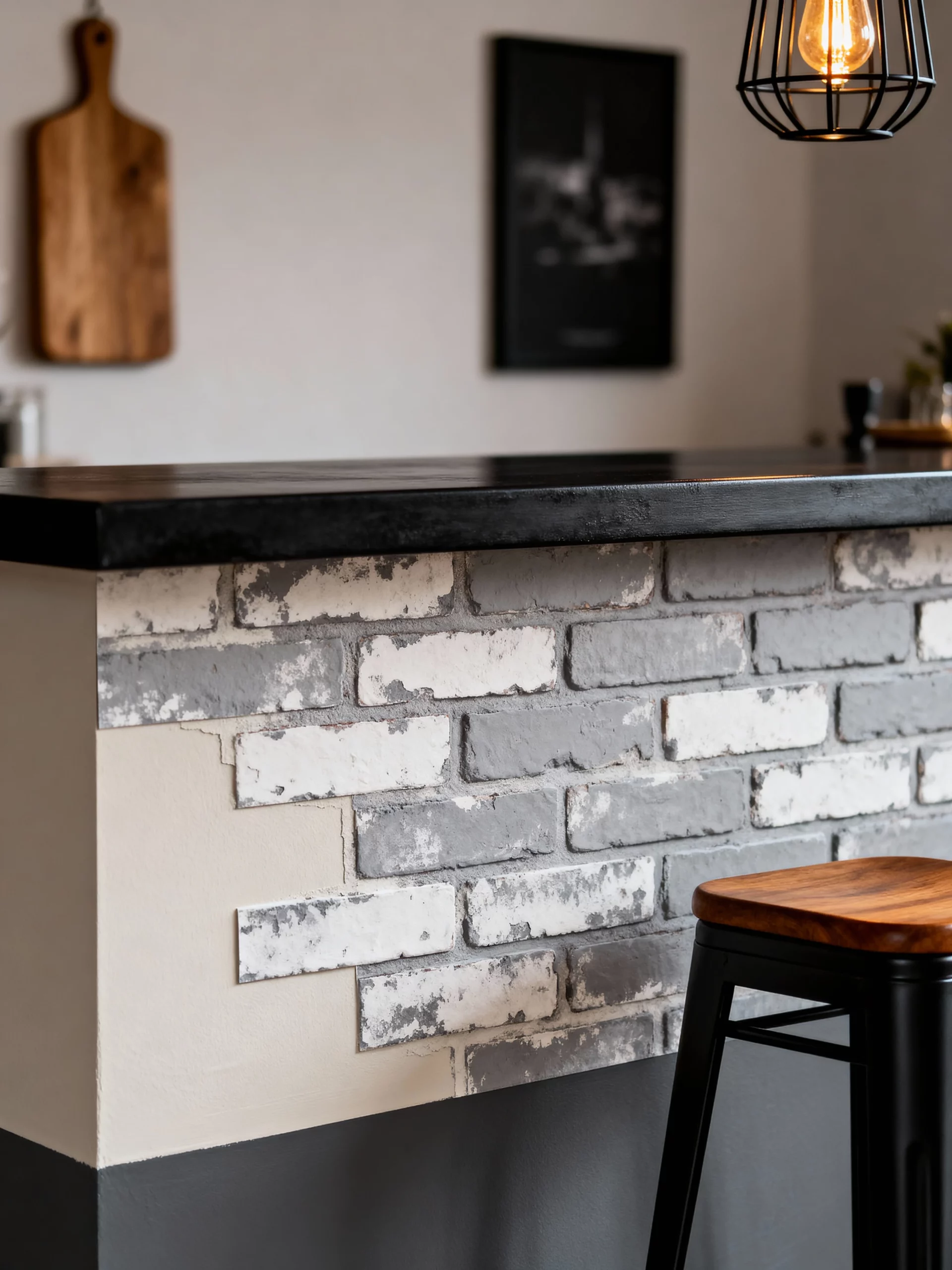 Detailed closeup photorealistic of an industrial loft bar front: charcoal gray matte/eggshell painted base meeting peel-
