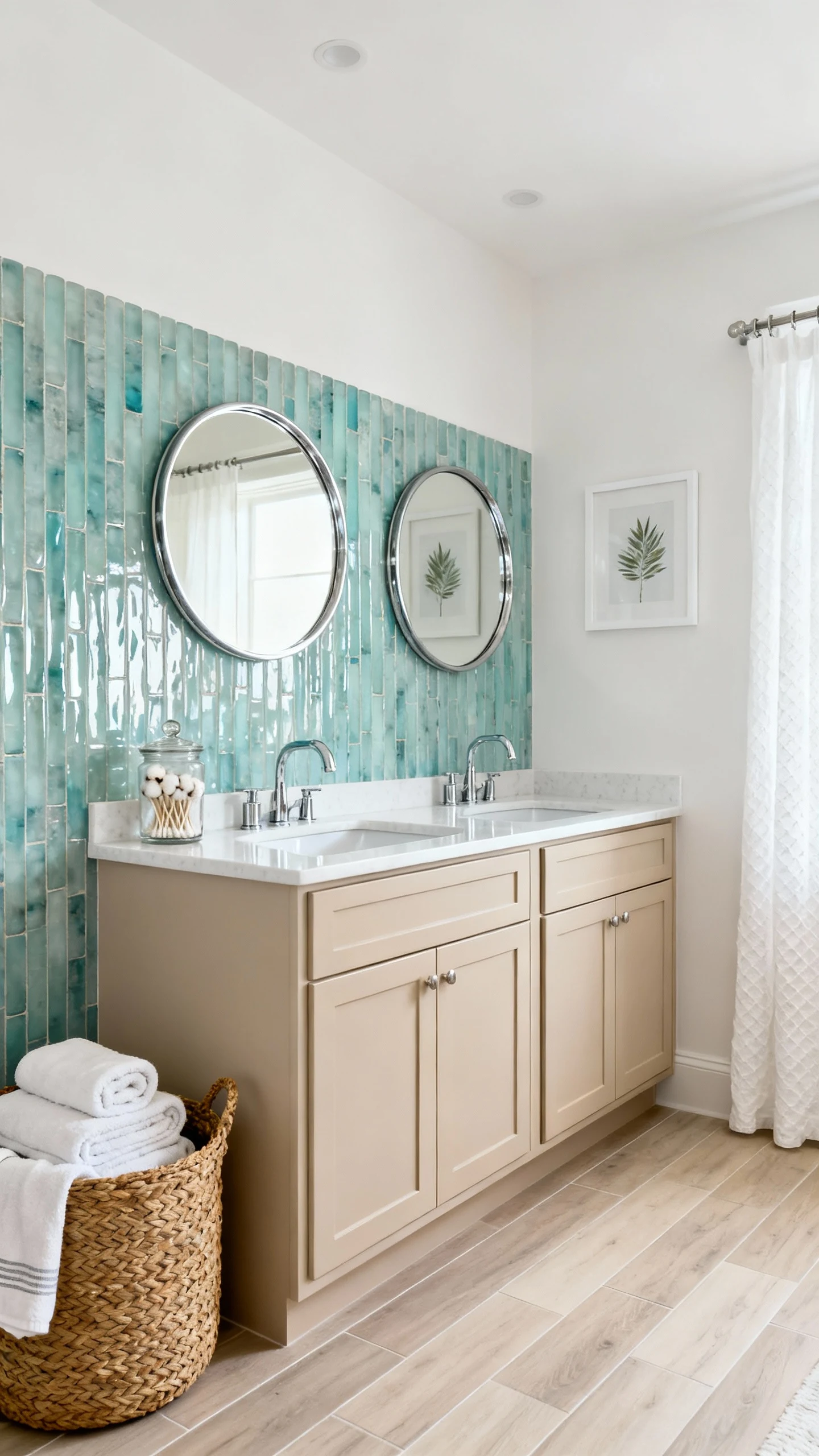 Wide, photorealistic coastal clean-lined retreat bathroom, airy daylight: light sand-toned double vanity with matte fini