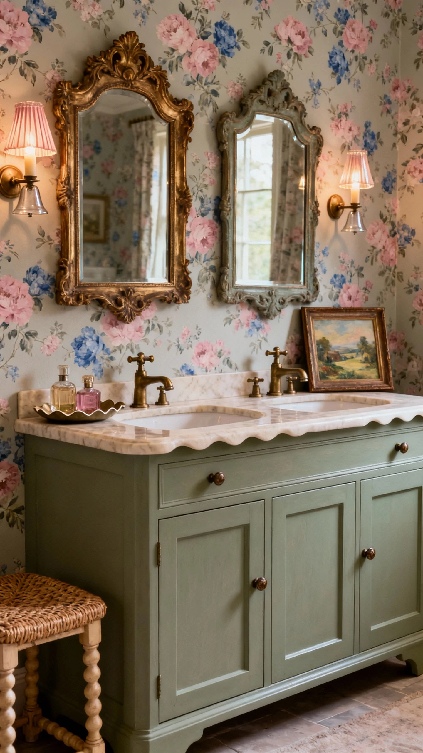 Medium shot photorealistic English-cottage remix bathroom vignette: painted furniture-style double vanity in muted sage 