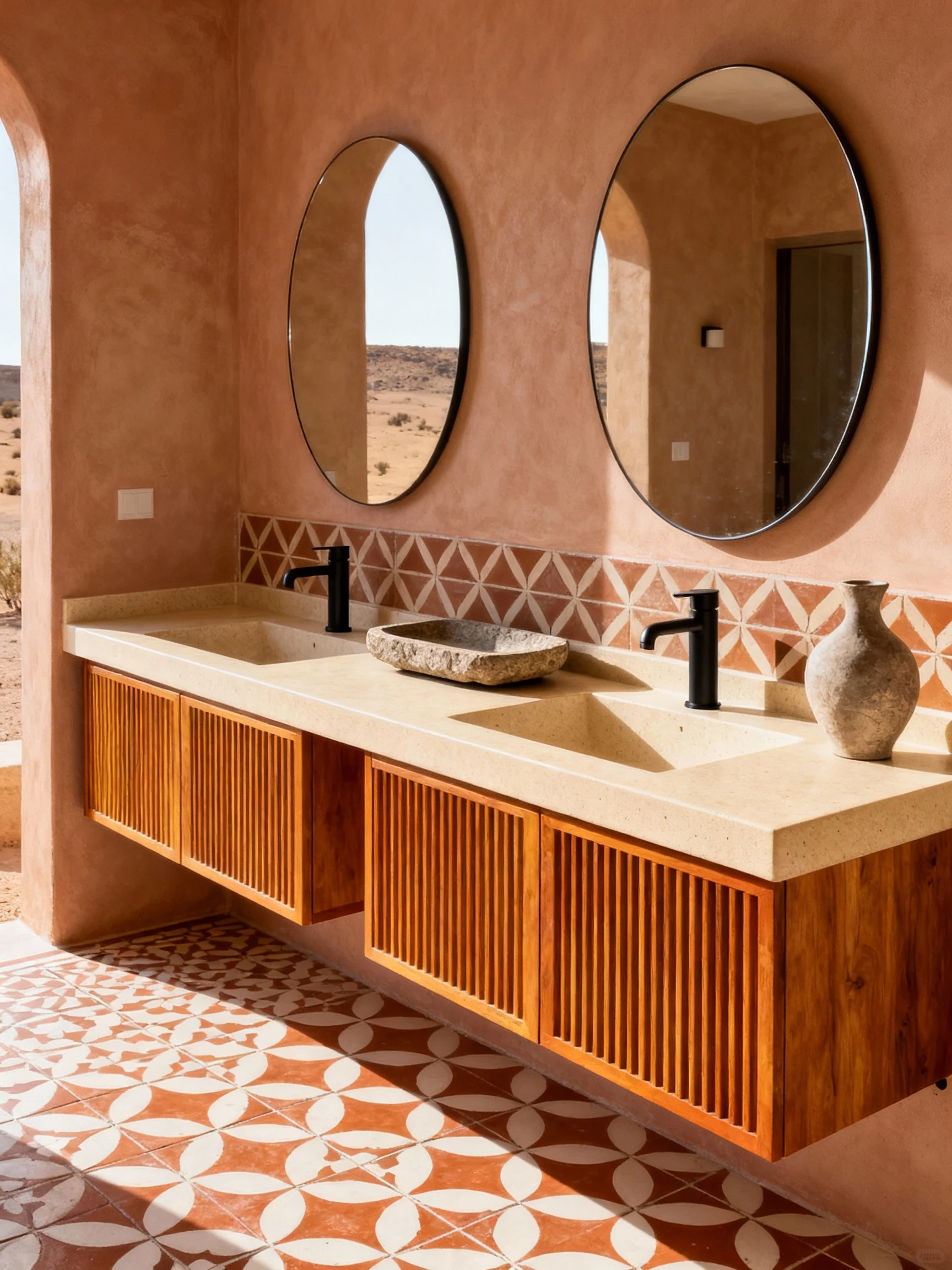 Wide, desert contemporary bathroom with architectural warmth: wall-mounted double vanity with ribbed/slatted wood fronts