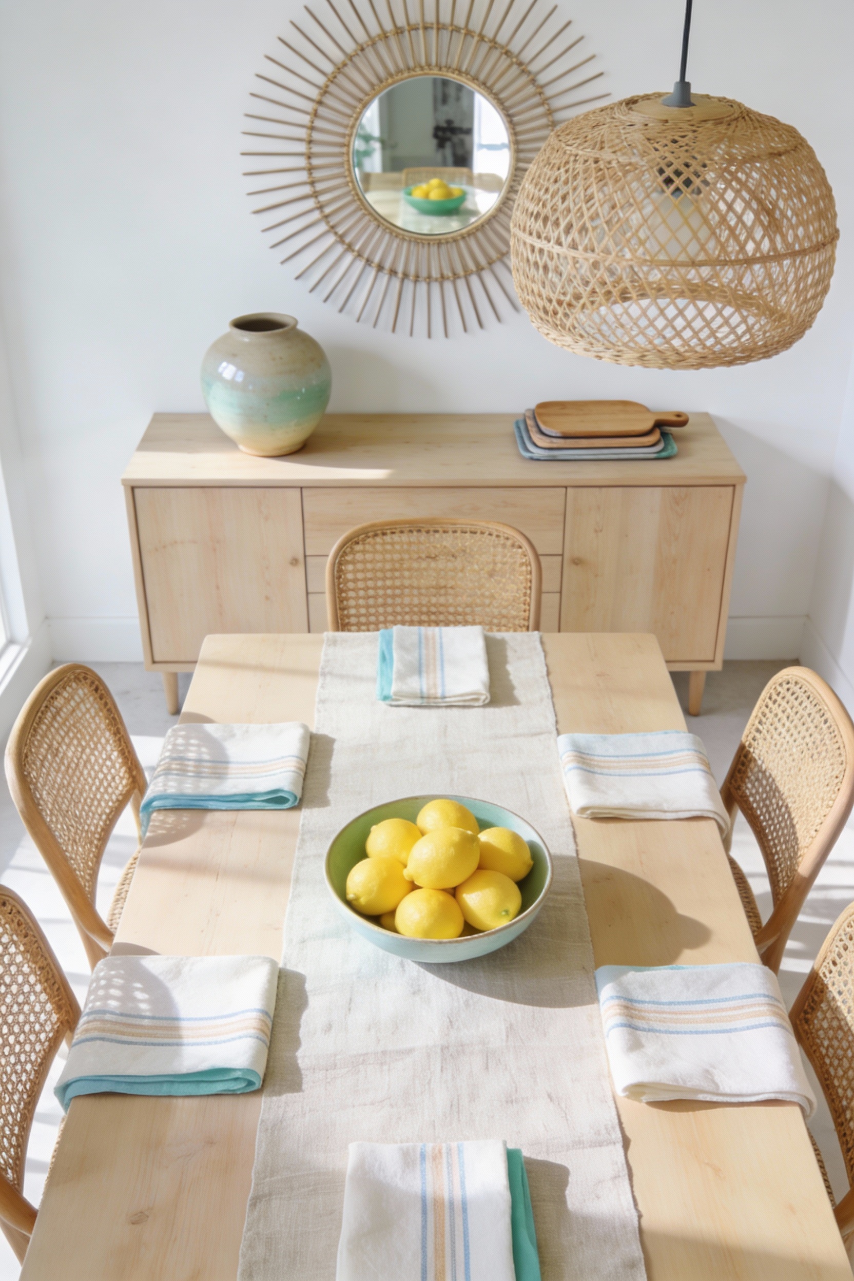 Overhead photorealistic airy coastal dining room styling shot centered on a light natural-wood dining table with a linen