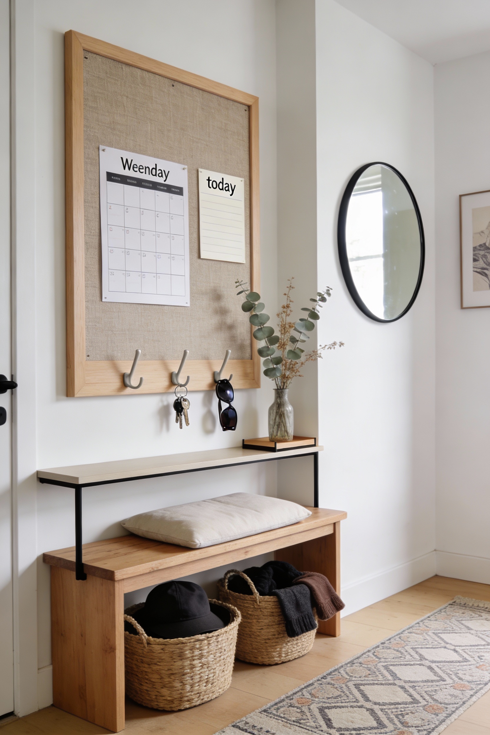 Corner-angle wide shot of a calm Scandinavian entryway family drop zone: soft white walls, light wood, and small black a