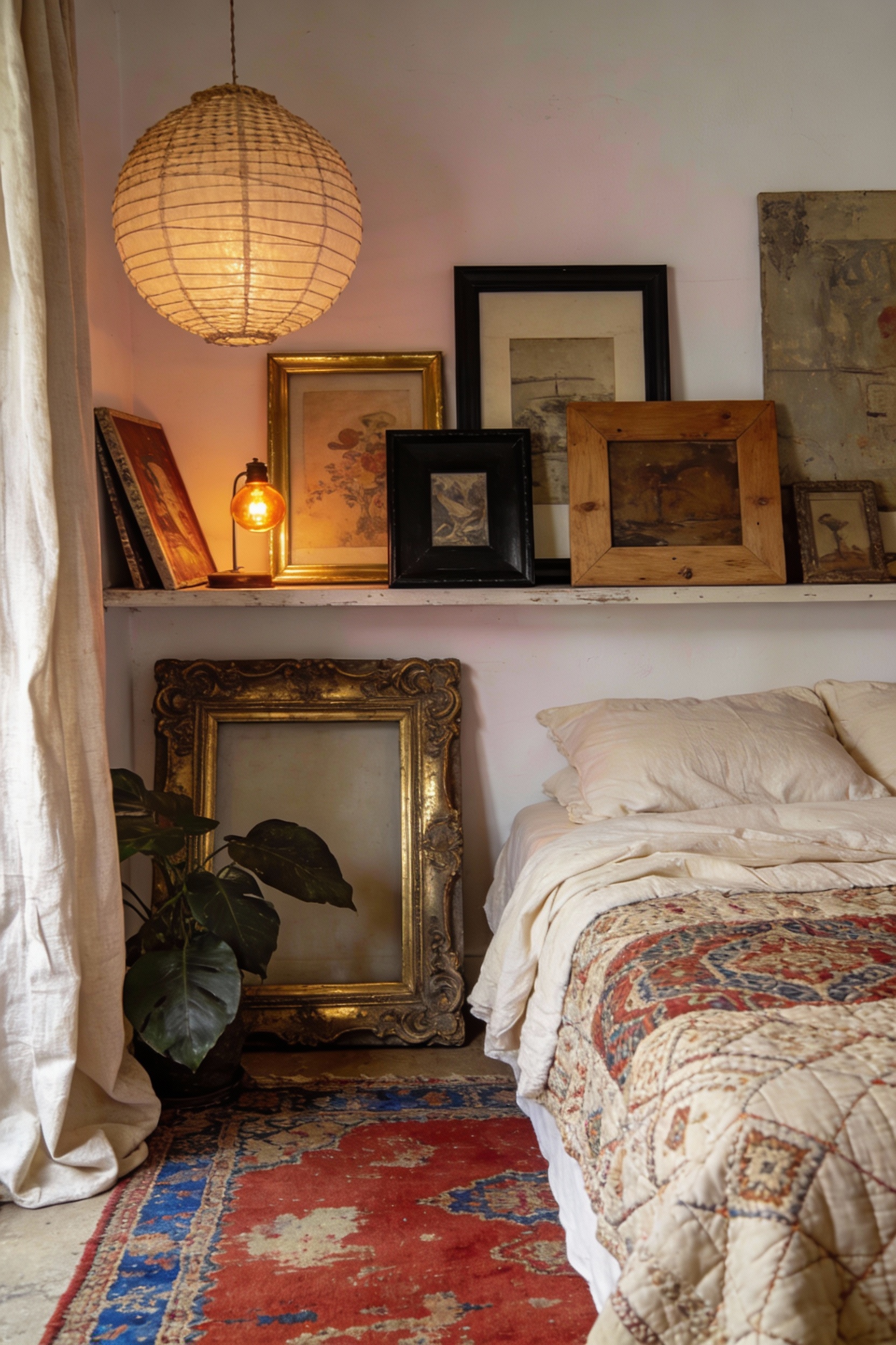 Detail-focused photorealistic bedroom vignette emphasizing eclectic boho textures: soft white or gentle blush wall backd