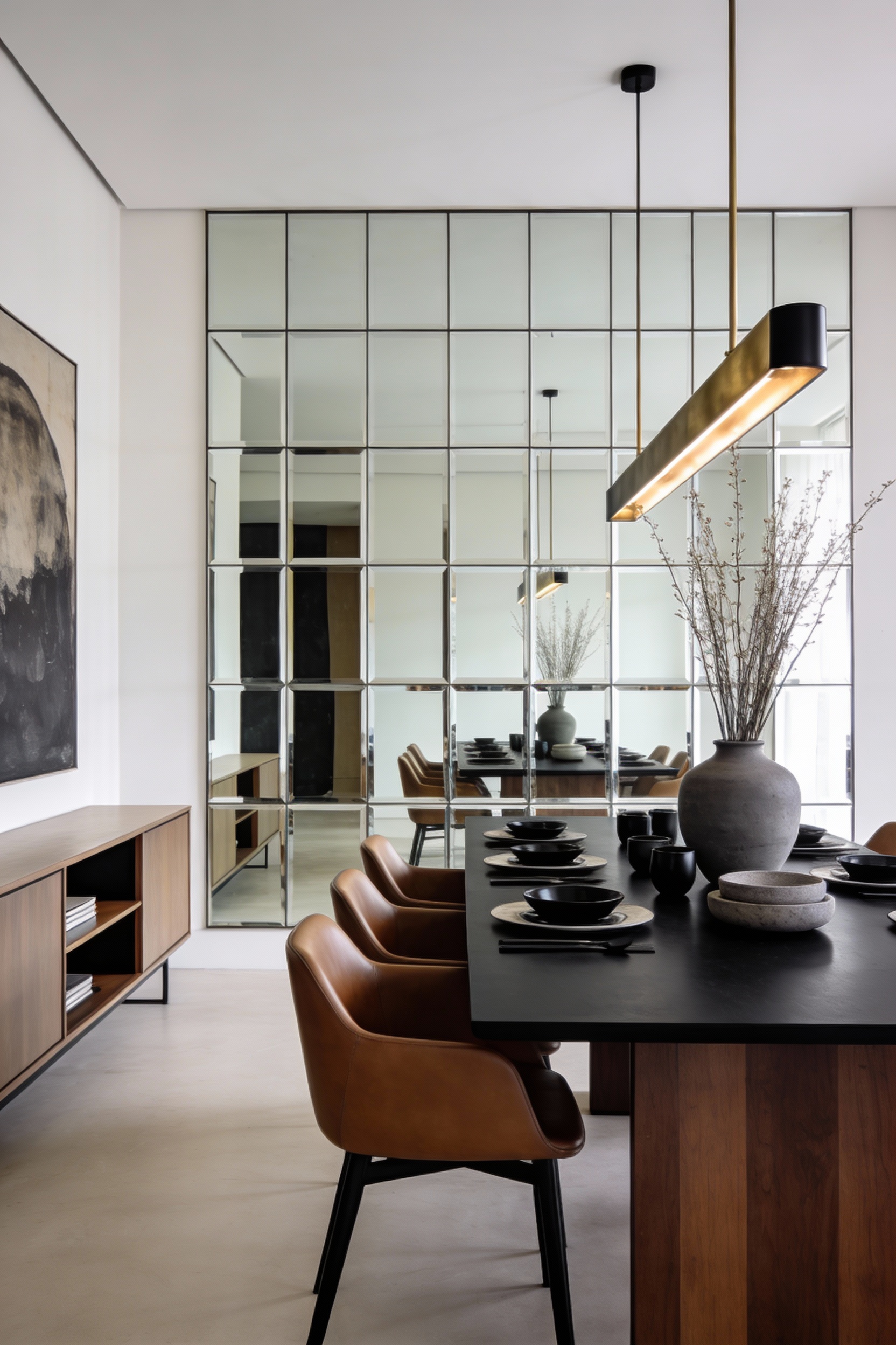 Wide photorealistic modern minimal dining room, slightly off-center straight-on perspective: architectural grid mirror w