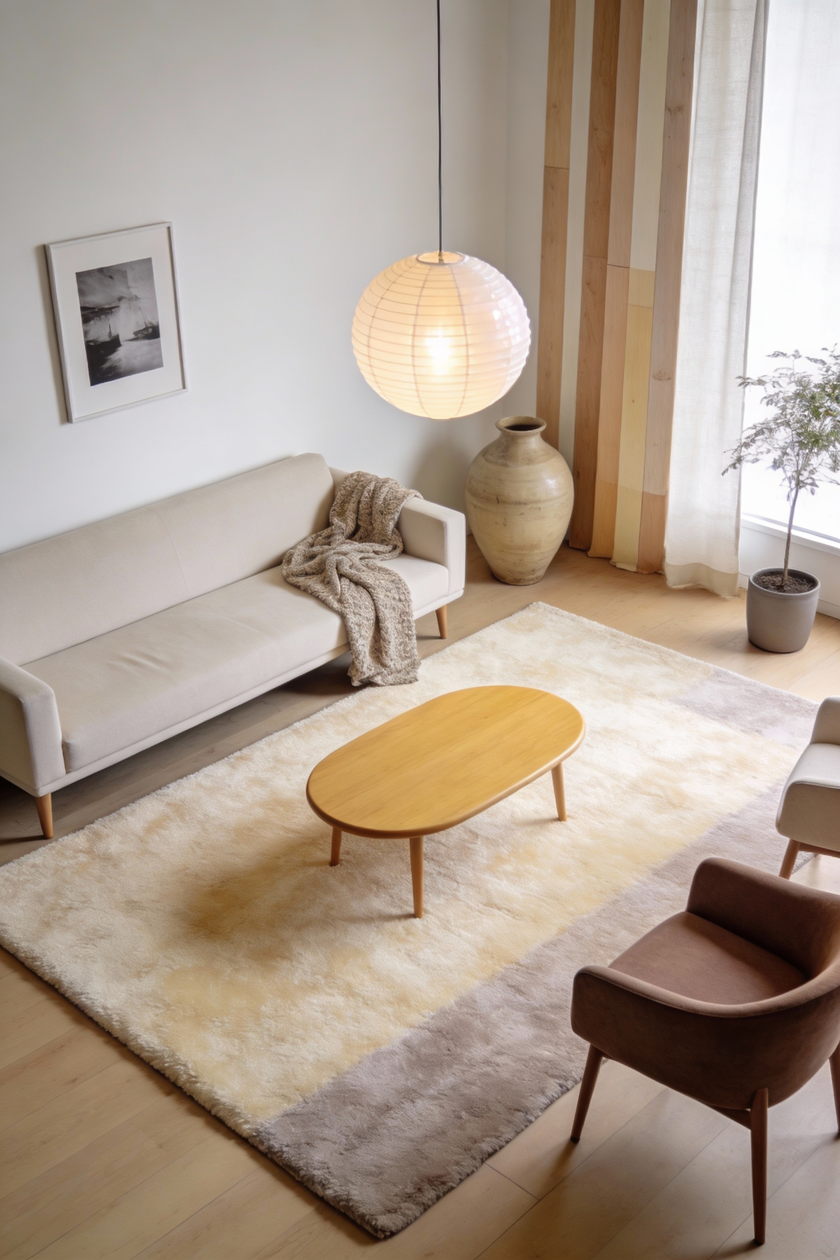 Wide photorealistic Scandinavian minimal retreat, overhead view: oversized plush solid neutral rug (warm ivory/oatmeal/p